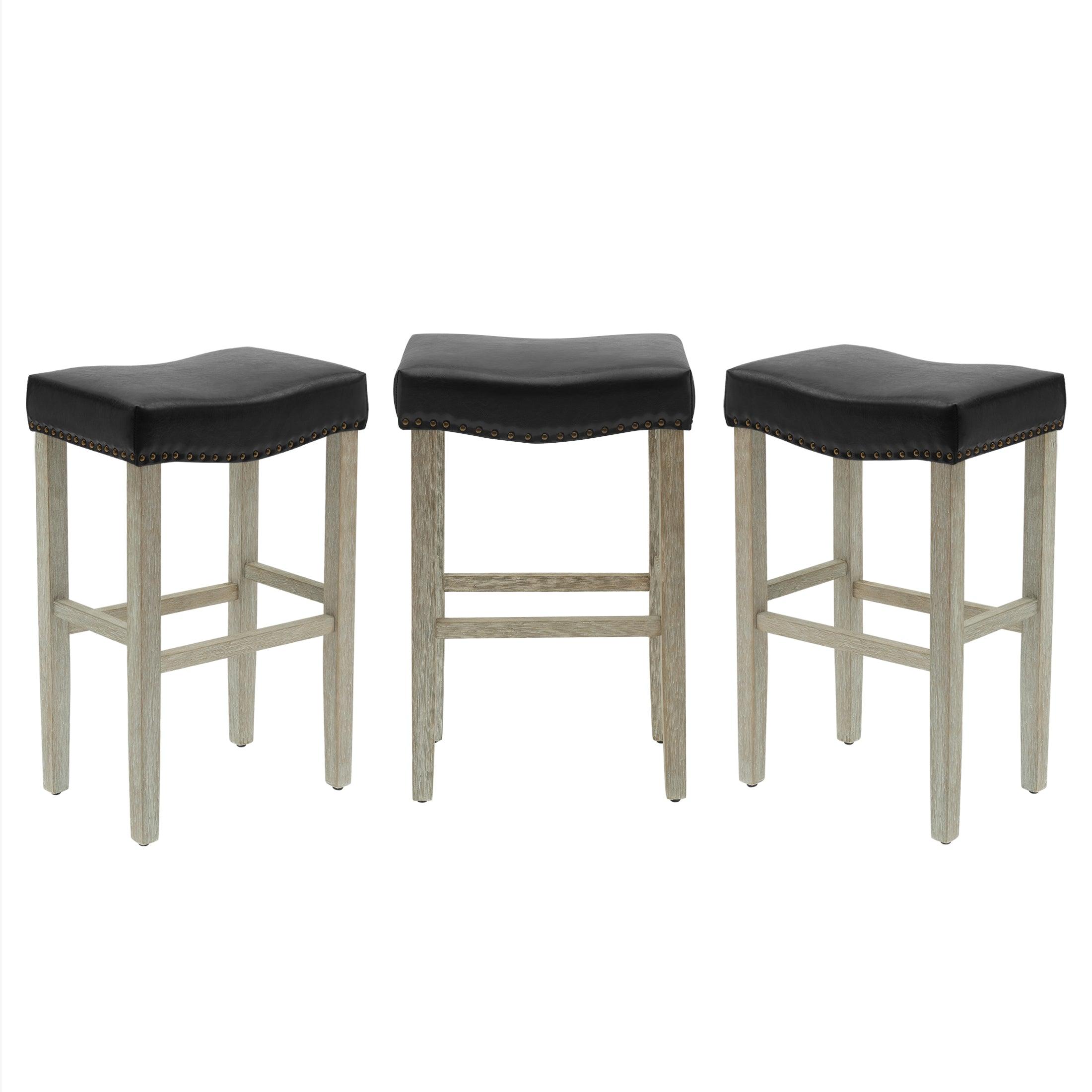 Bulmon 29" Upholstered Antique Gray Bar Stools With Nail Head Trim (Set of 3) - Costaelm