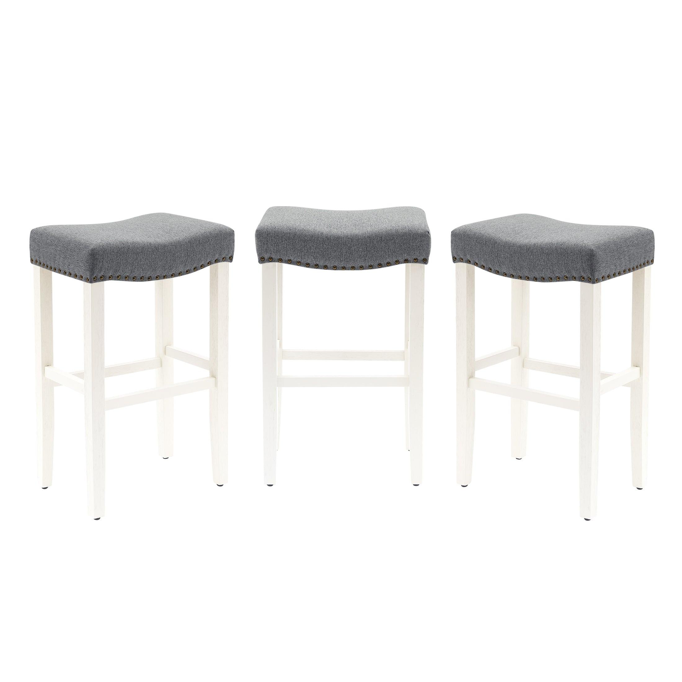 Bulmon 29" Upholstered Antique White Bar Stools With Nail Head Trim (Set of 3) - Costaelm