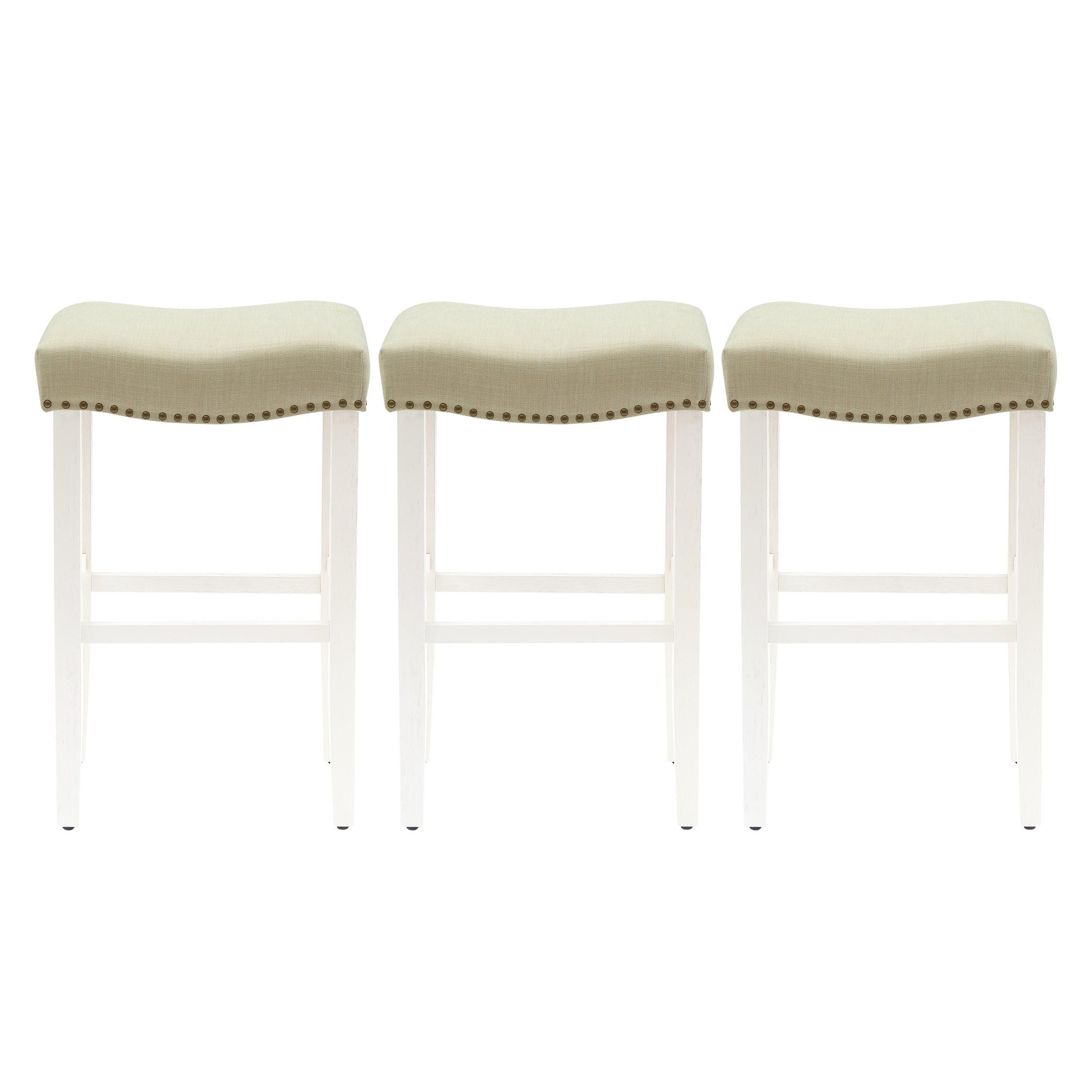 Bulmon 29" Upholstered Antique White Bar Stools With Nail Head Trim (Set of 3) - Costaelm