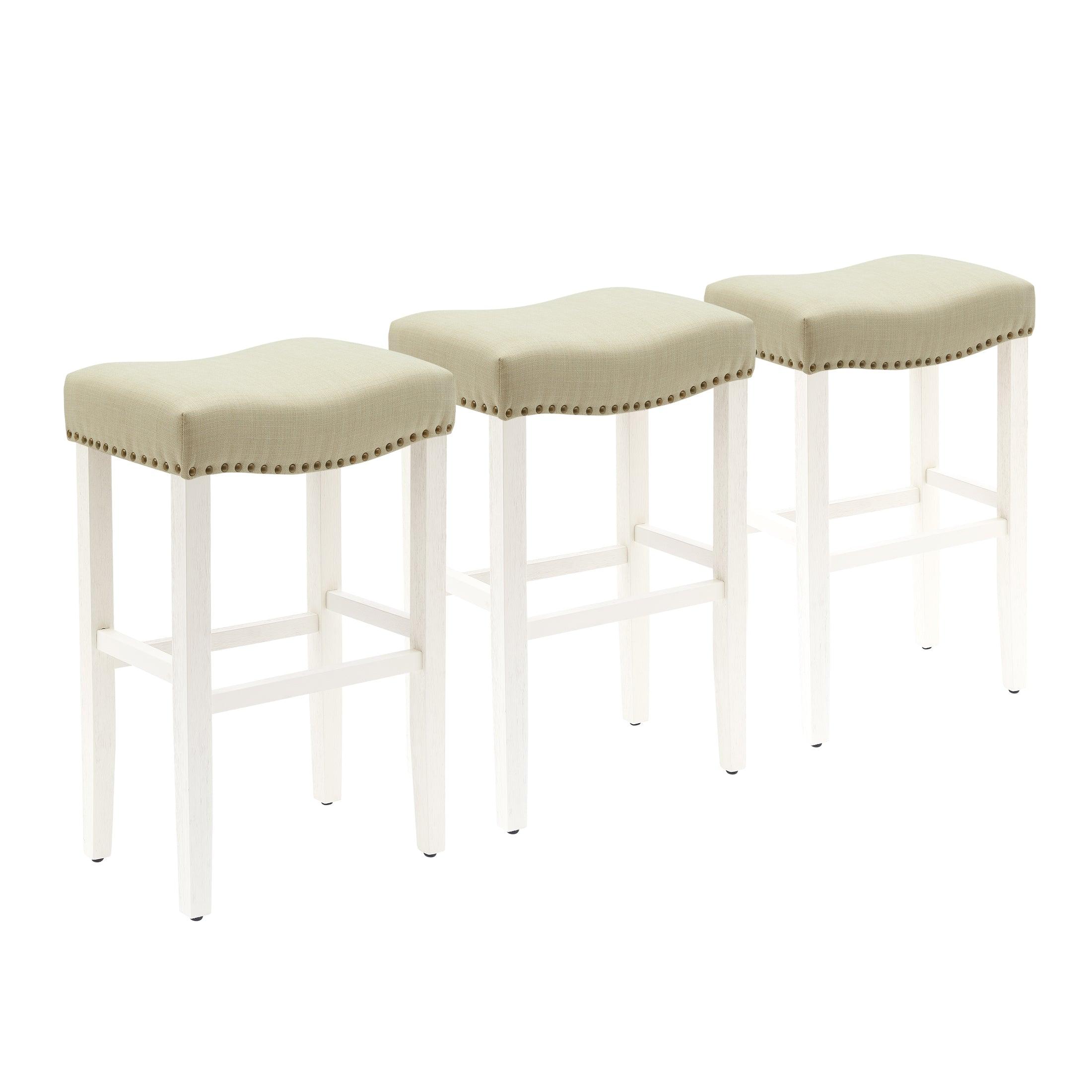 Bulmon 29" Upholstered Antique White Bar Stools With Nail Head Trim (Set of 3) - Costaelm