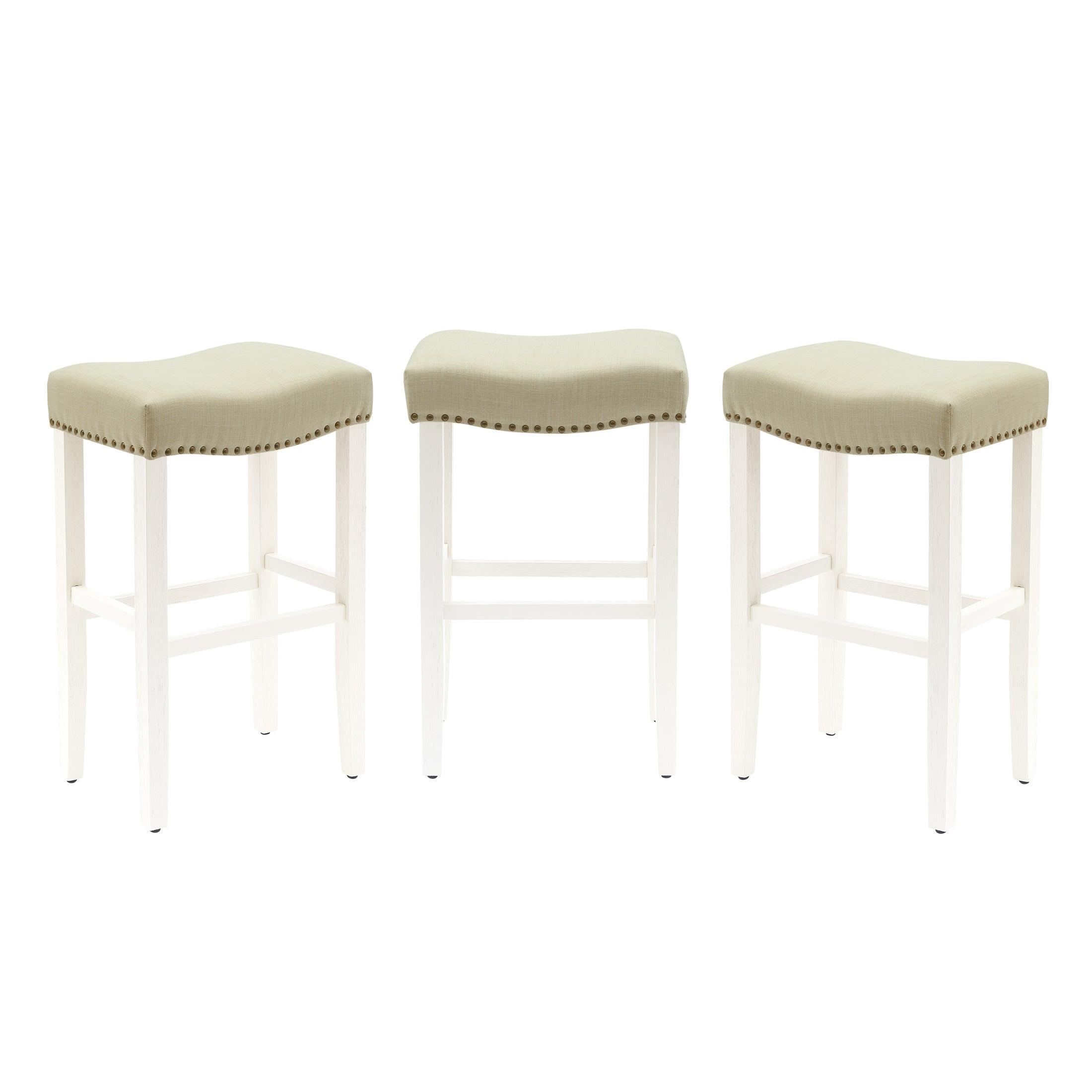 Bulmon 29" Upholstered Antique White Bar Stools With Nail Head Trim (Set of 3) - Costaelm