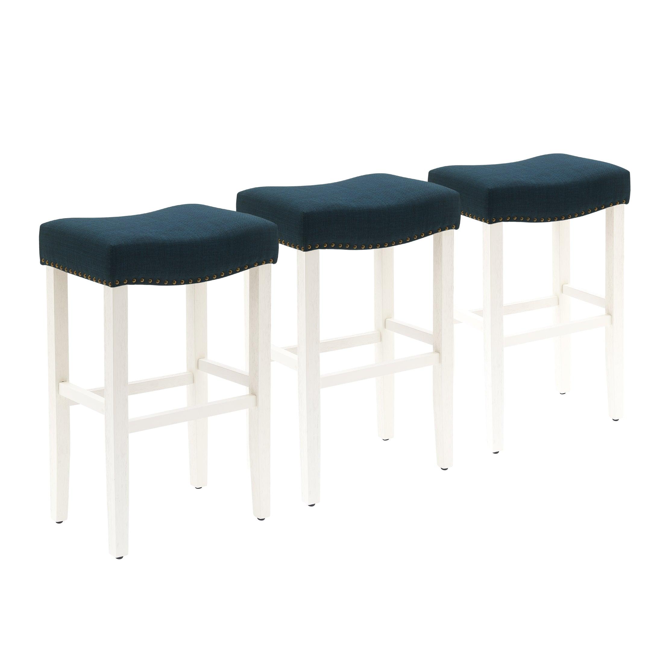 Bulmon 29" Upholstered Antique White Bar Stools With Nail Head Trim (Set of 3) - Costaelm