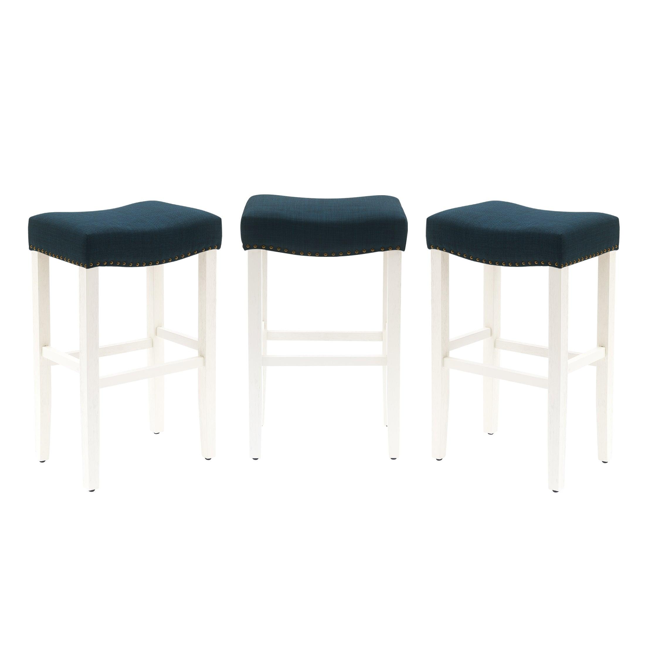 Bulmon 29" Upholstered Antique White Bar Stools With Nail Head Trim (Set of 3) - Costaelm