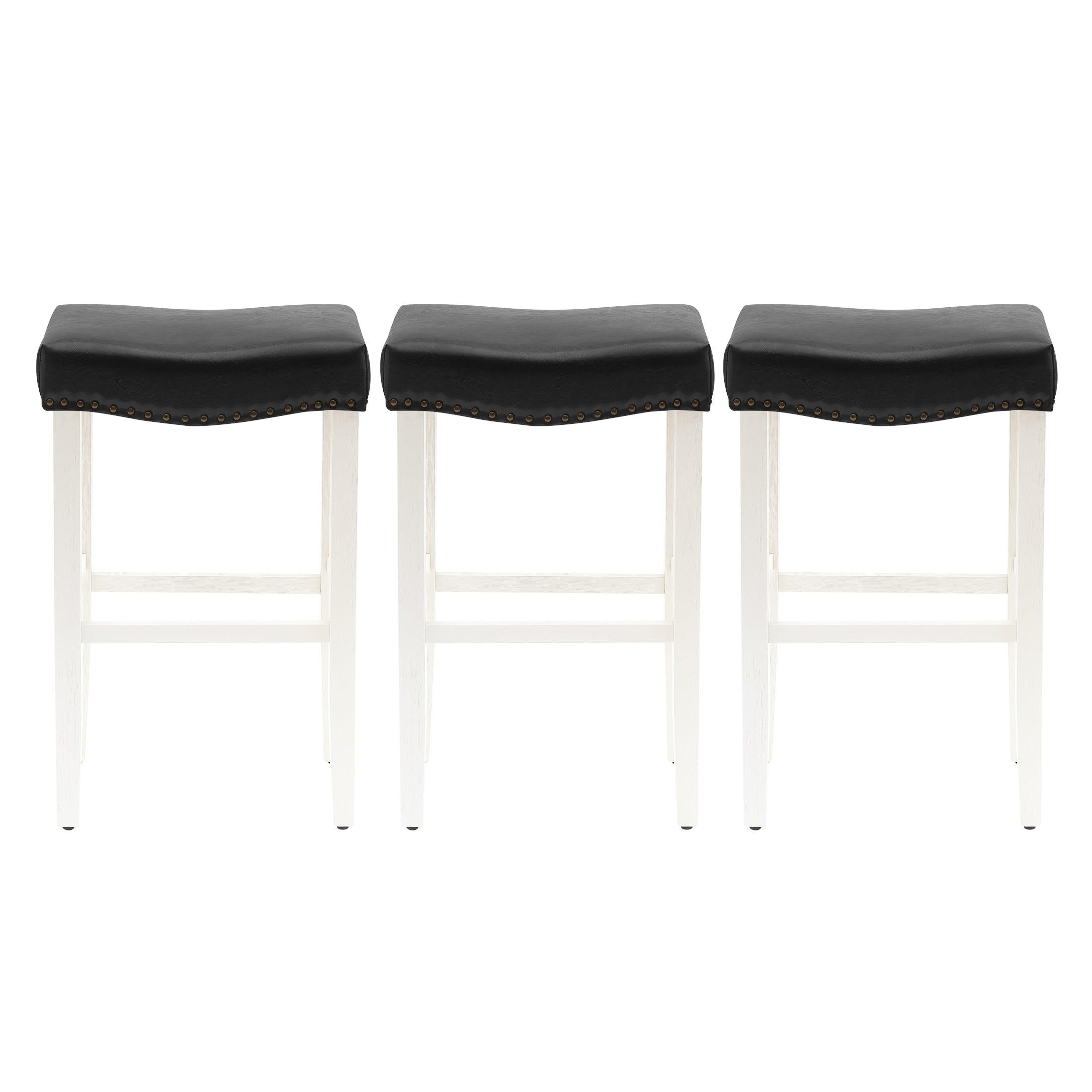 Bulmon 29" Upholstered Antique White Bar Stools With Nail Head Trim (Set of 3) - Costaelm