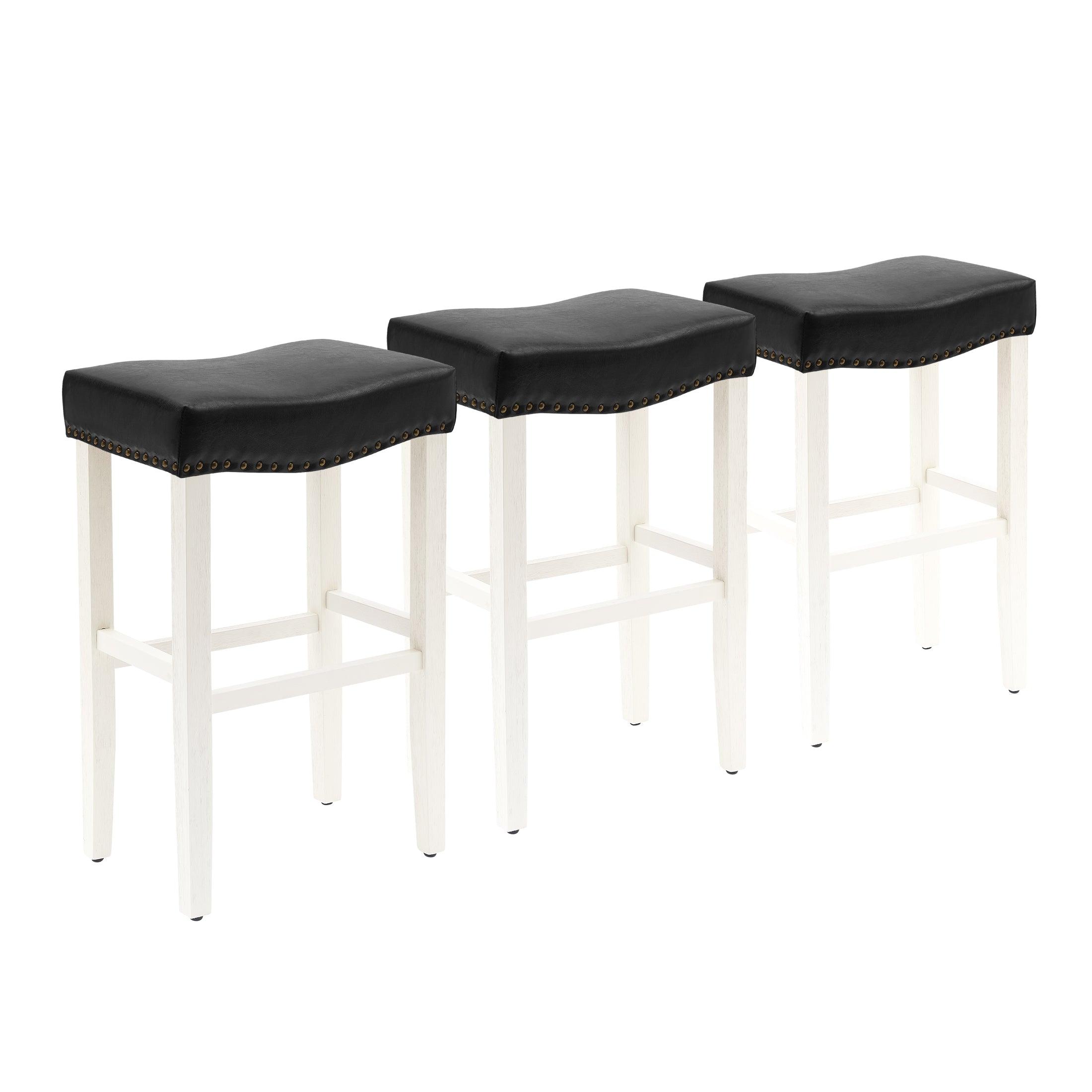 Bulmon 29" Upholstered Antique White Bar Stools With Nail Head Trim (Set of 3) - Costaelm