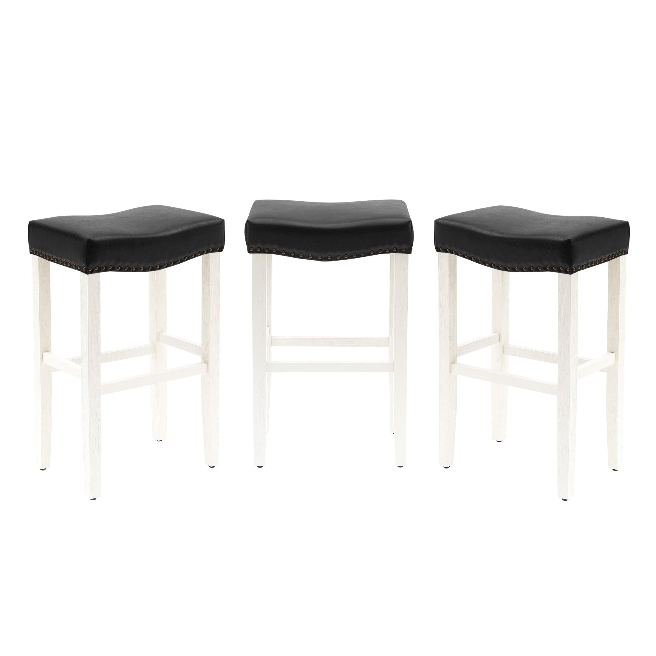 Bulmon 29" Upholstered Antique White Bar Stools With Nail Head Trim (Set of 3) - Costaelm