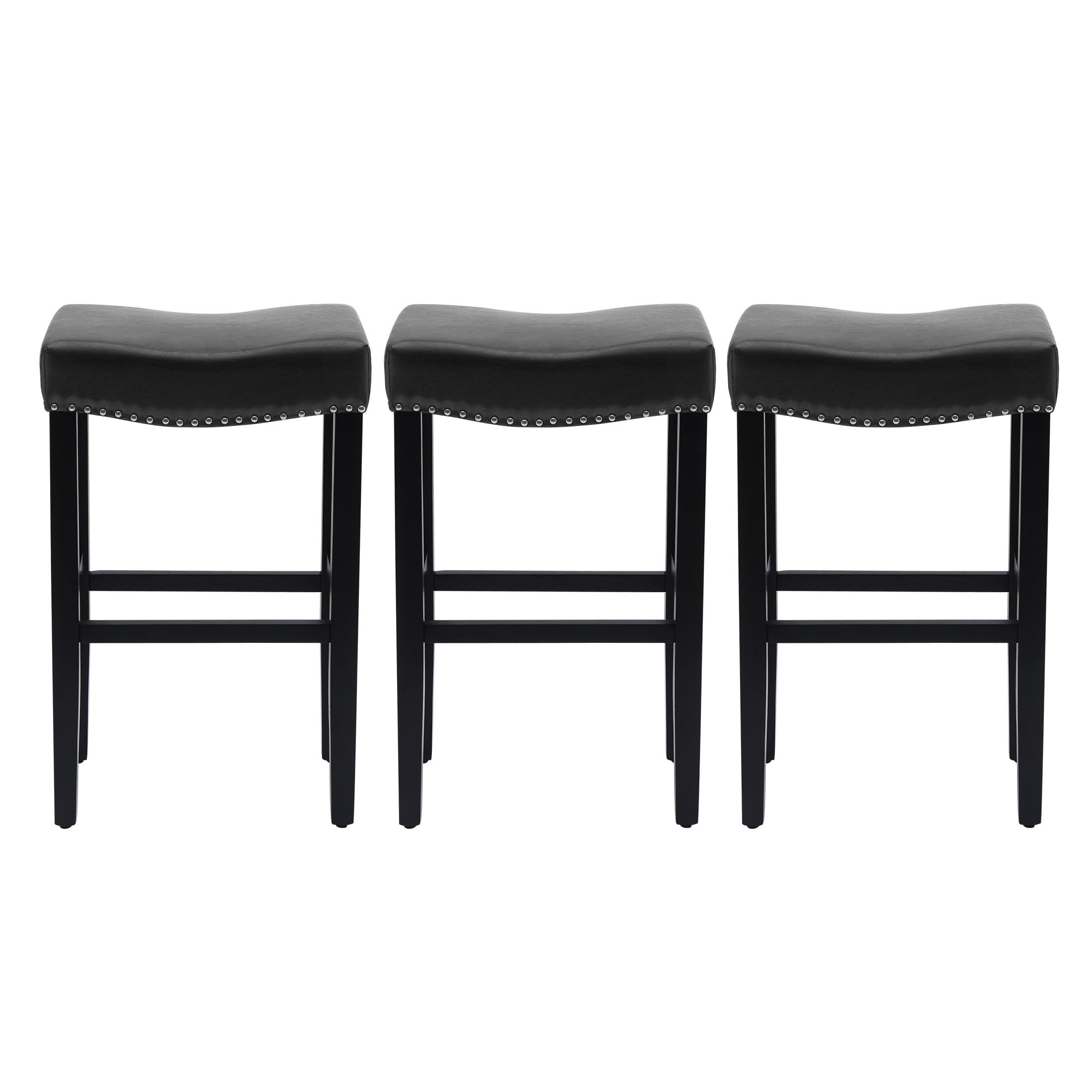 Bulmon 29" Upholstered Black Bar Stools With Nail Head Trim (Set of 3) - Costaelm