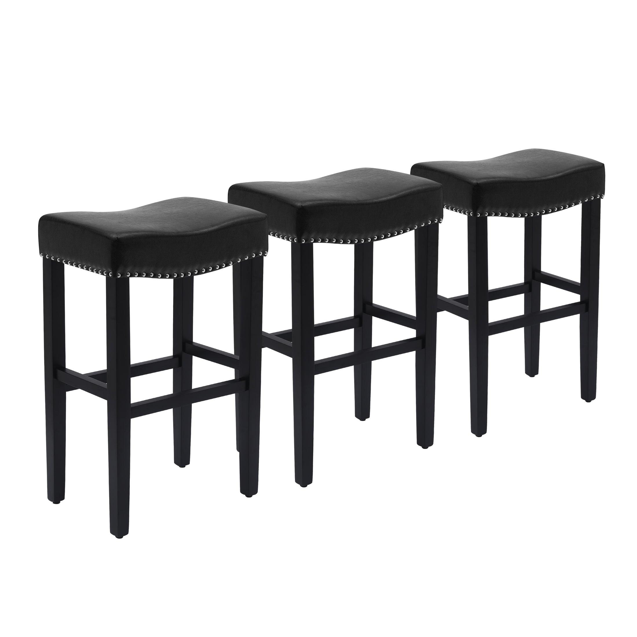 Bulmon 29" Upholstered Black Bar Stools With Nail Head Trim (Set of 3) - Costaelm