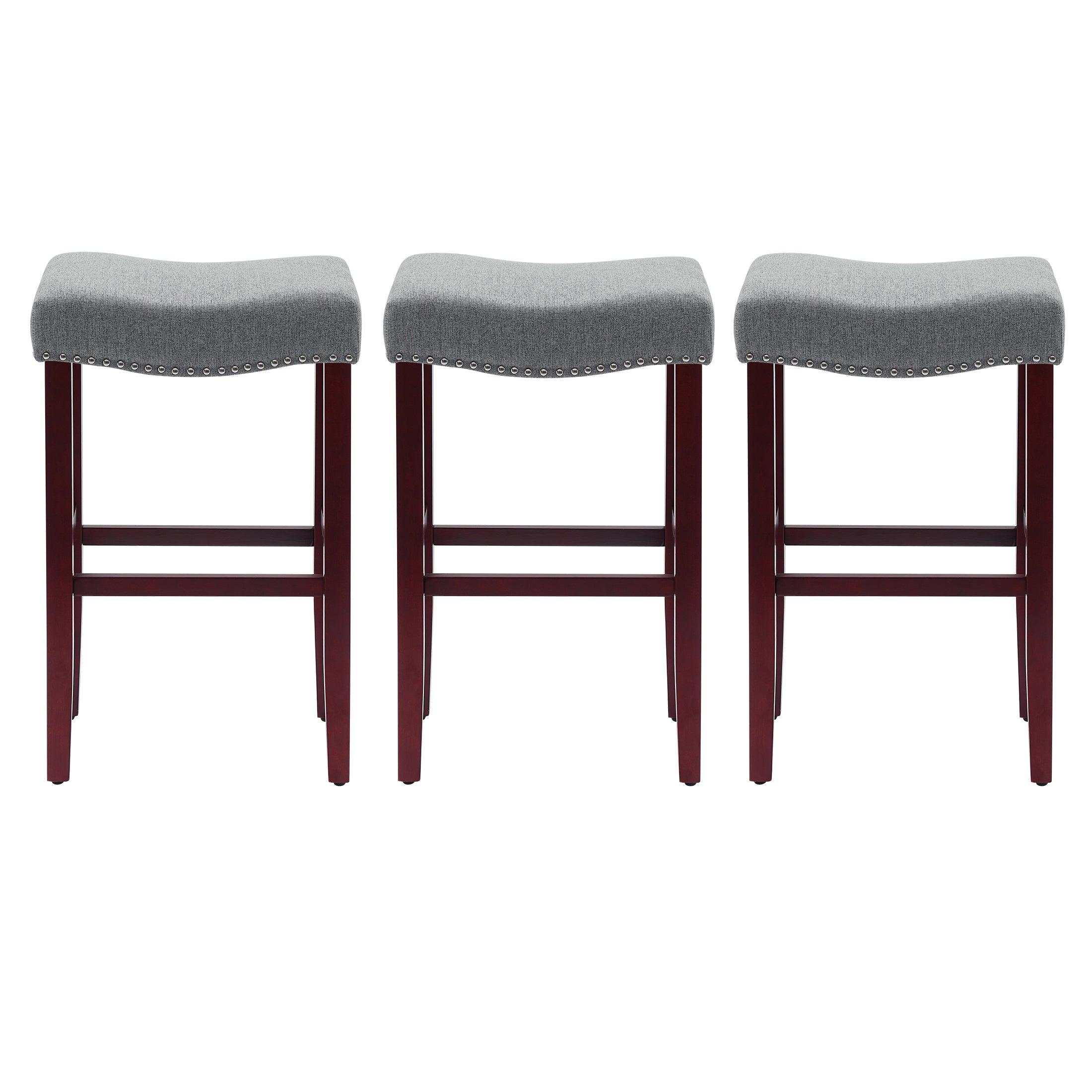 Bulmon 29" Upholstered Cherry Bar Stools With Nail Head Trim (Set of 3) - Costaelm