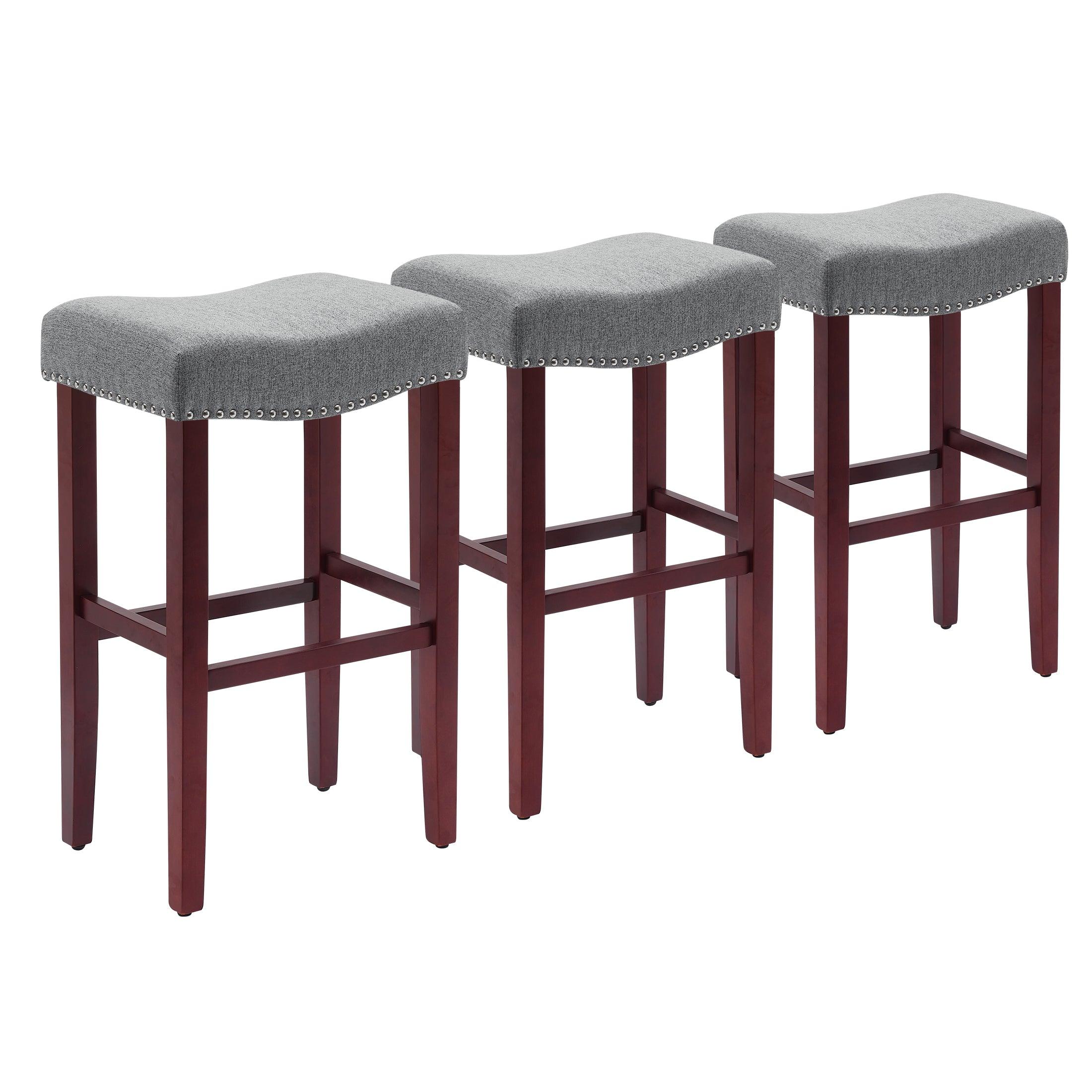 Bulmon 29" Upholstered Cherry Bar Stools With Nail Head Trim (Set of 3) - Costaelm