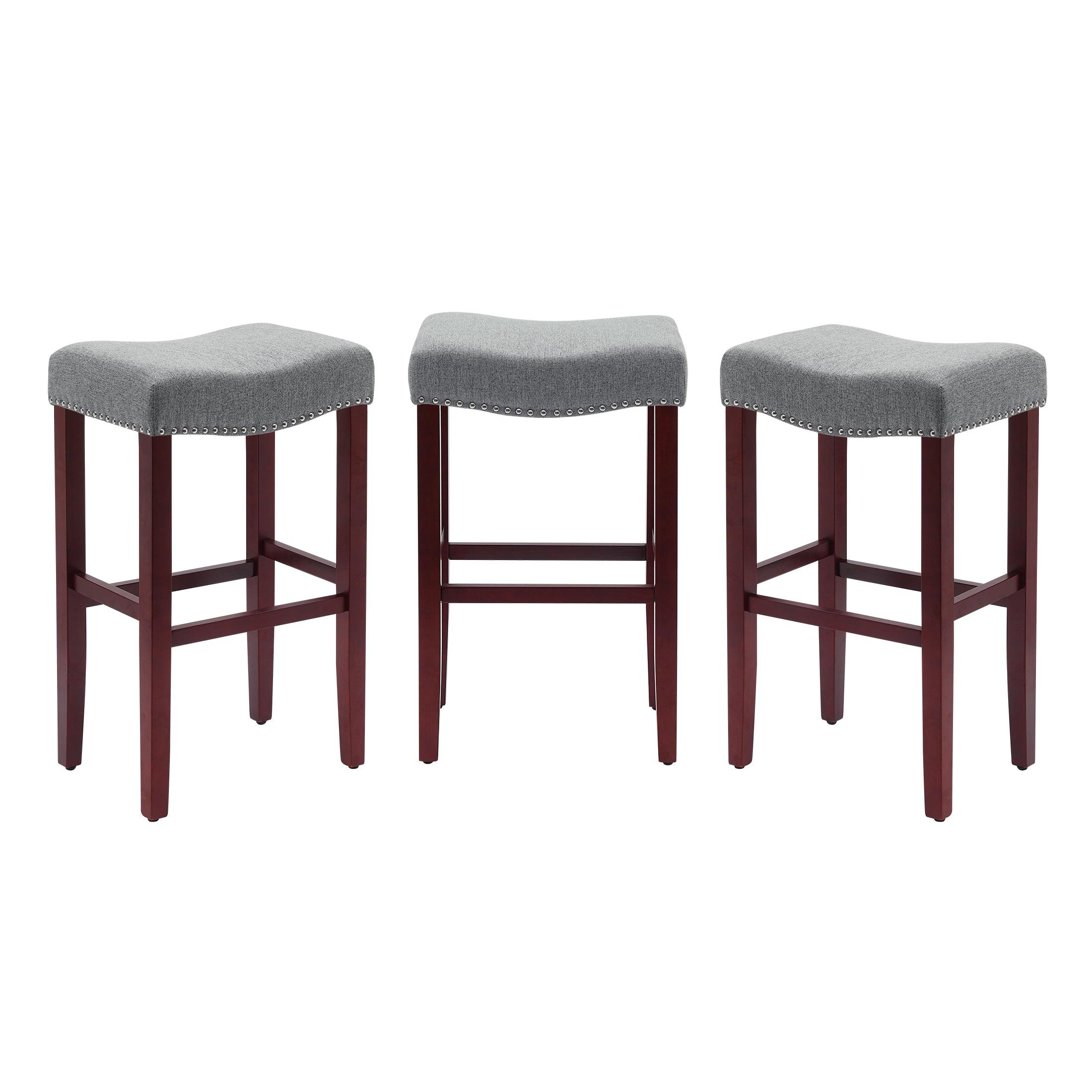 Bulmon 29" Upholstered Cherry Bar Stools With Nail Head Trim (Set of 3) - Costaelm