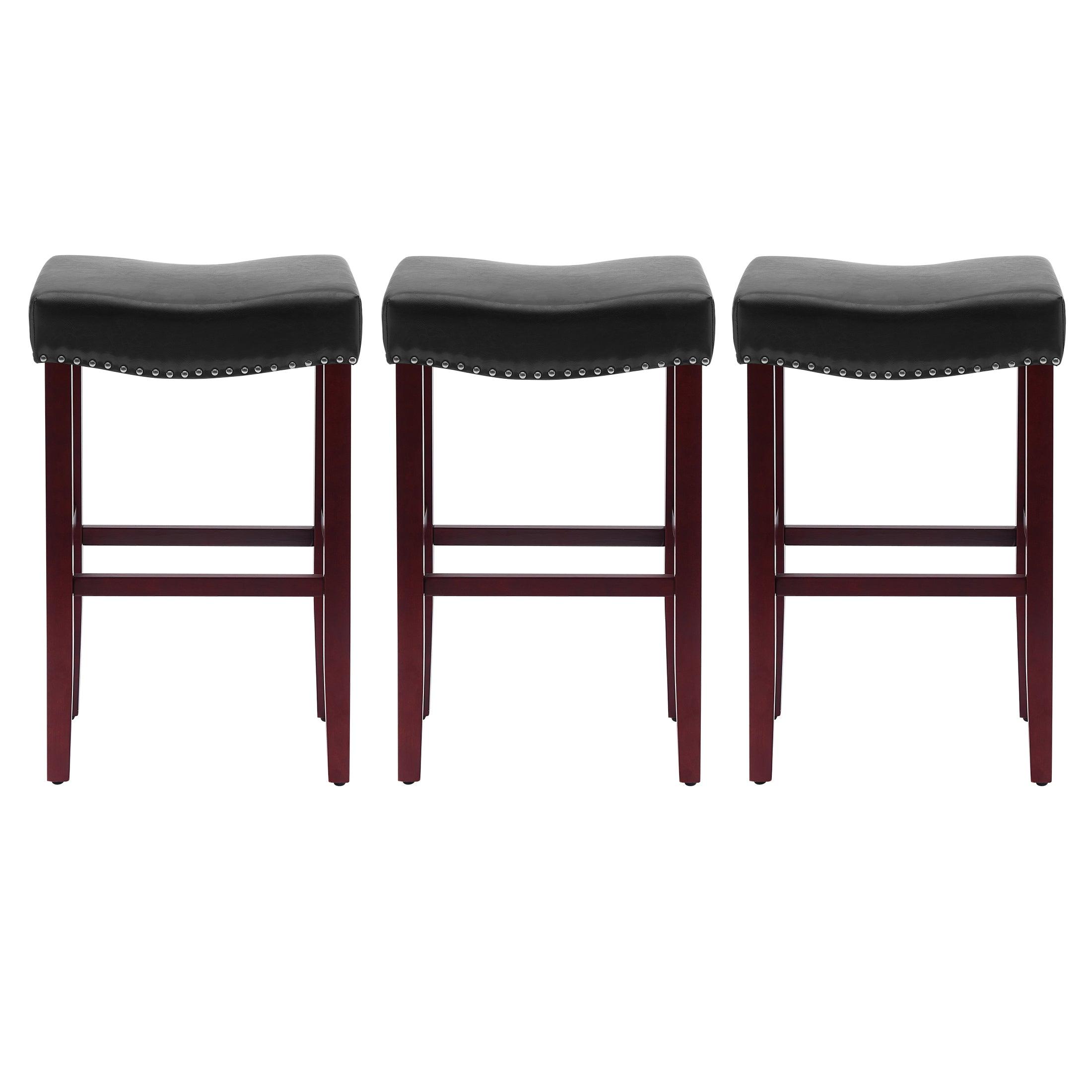 Bulmon 29" Upholstered Cherry Bar Stools With Nail Head Trim (Set of 3) - Costaelm