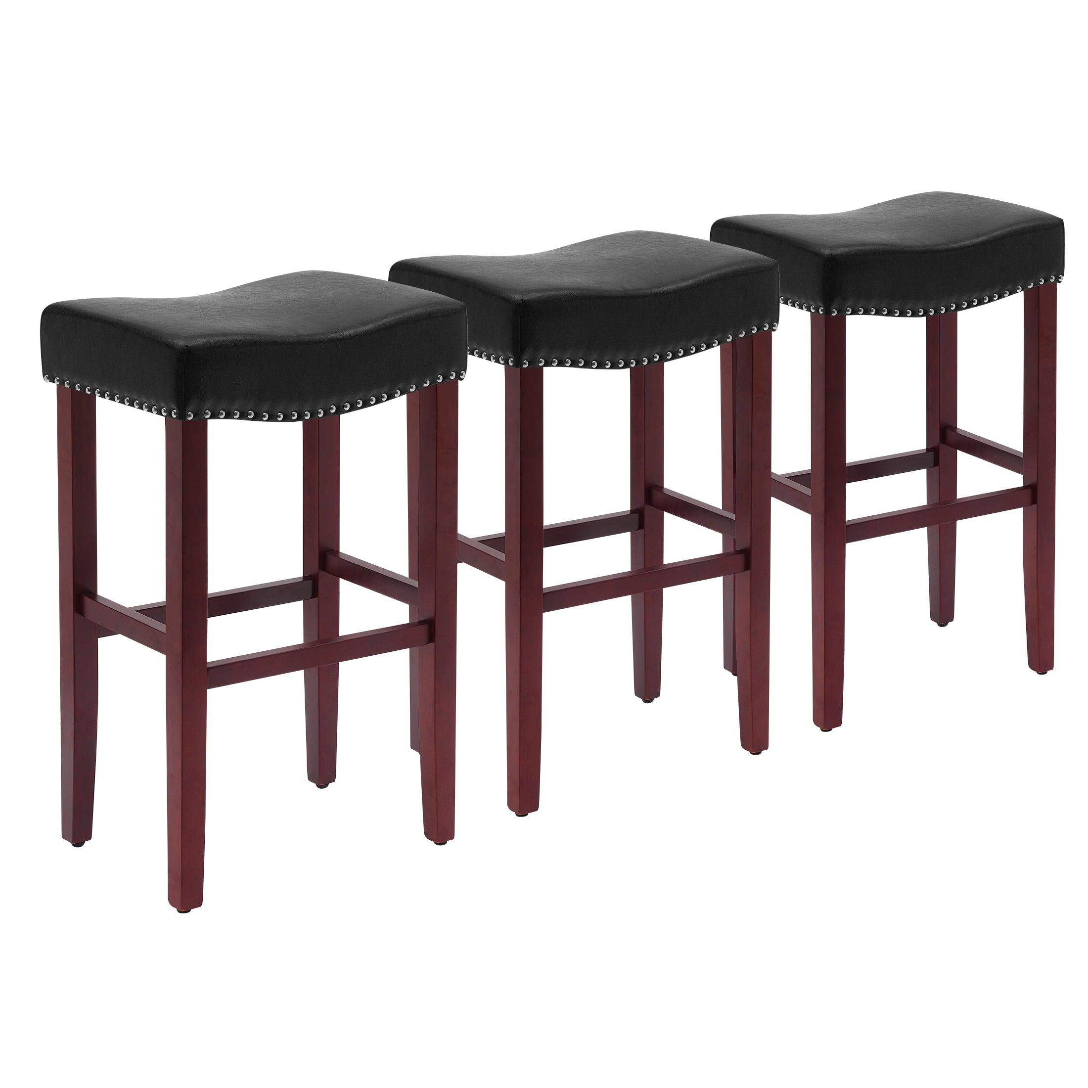 Bulmon 29" Upholstered Cherry Bar Stools With Nail Head Trim (Set of 3) - Costaelm