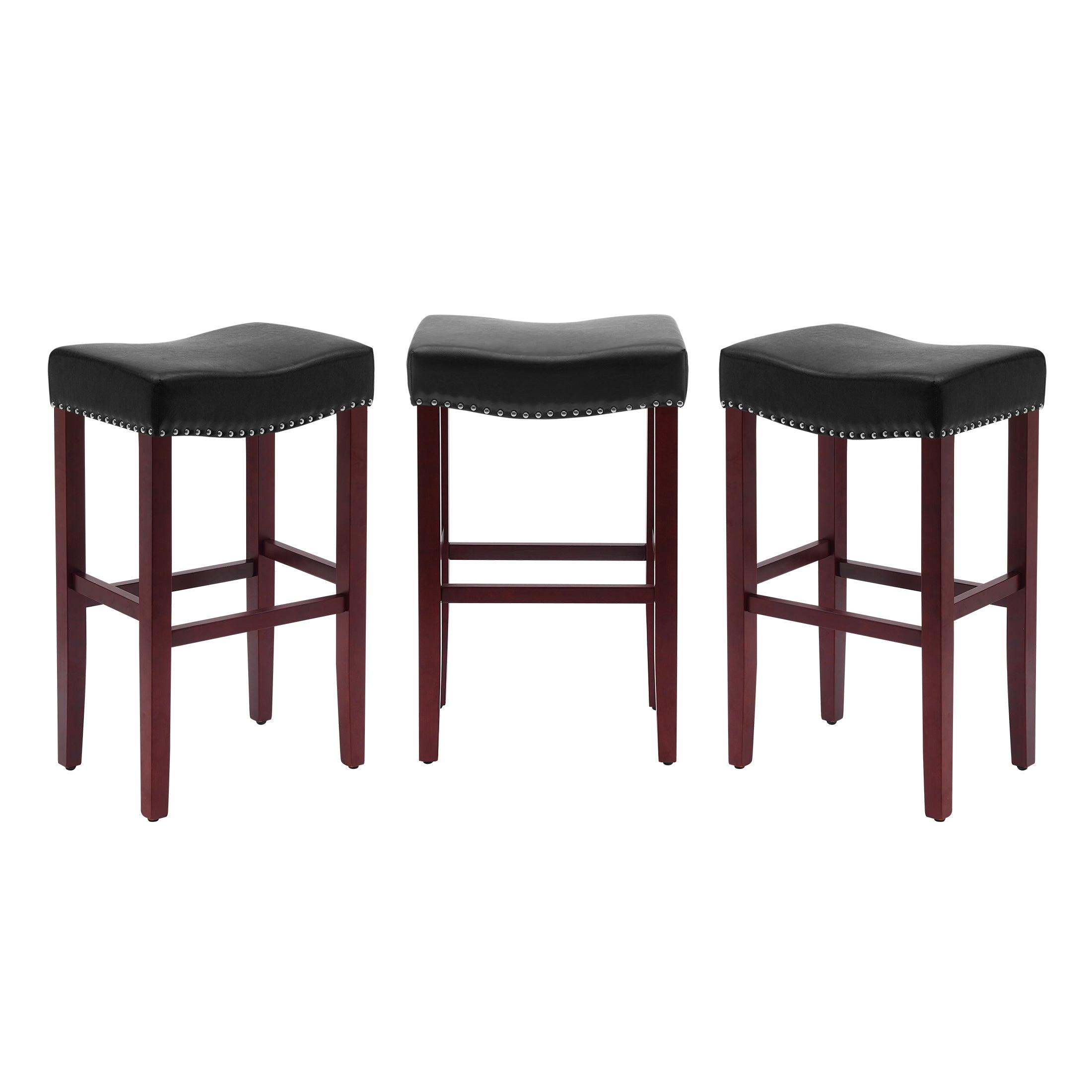 Bulmon 29" Upholstered Cherry Bar Stools With Nail Head Trim (Set of 3) - Costaelm