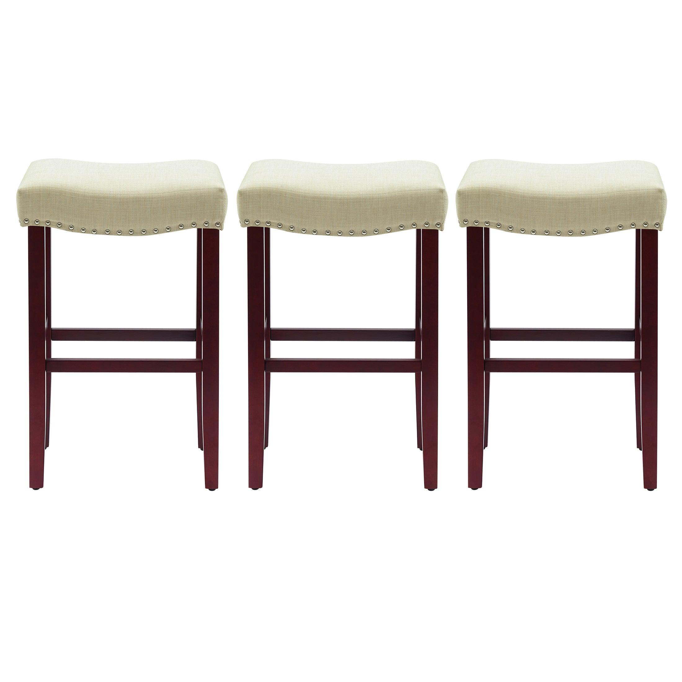 Bulmon 29" Upholstered Cherry Bar Stools With Nail Head Trim (Set of 3) - Costaelm