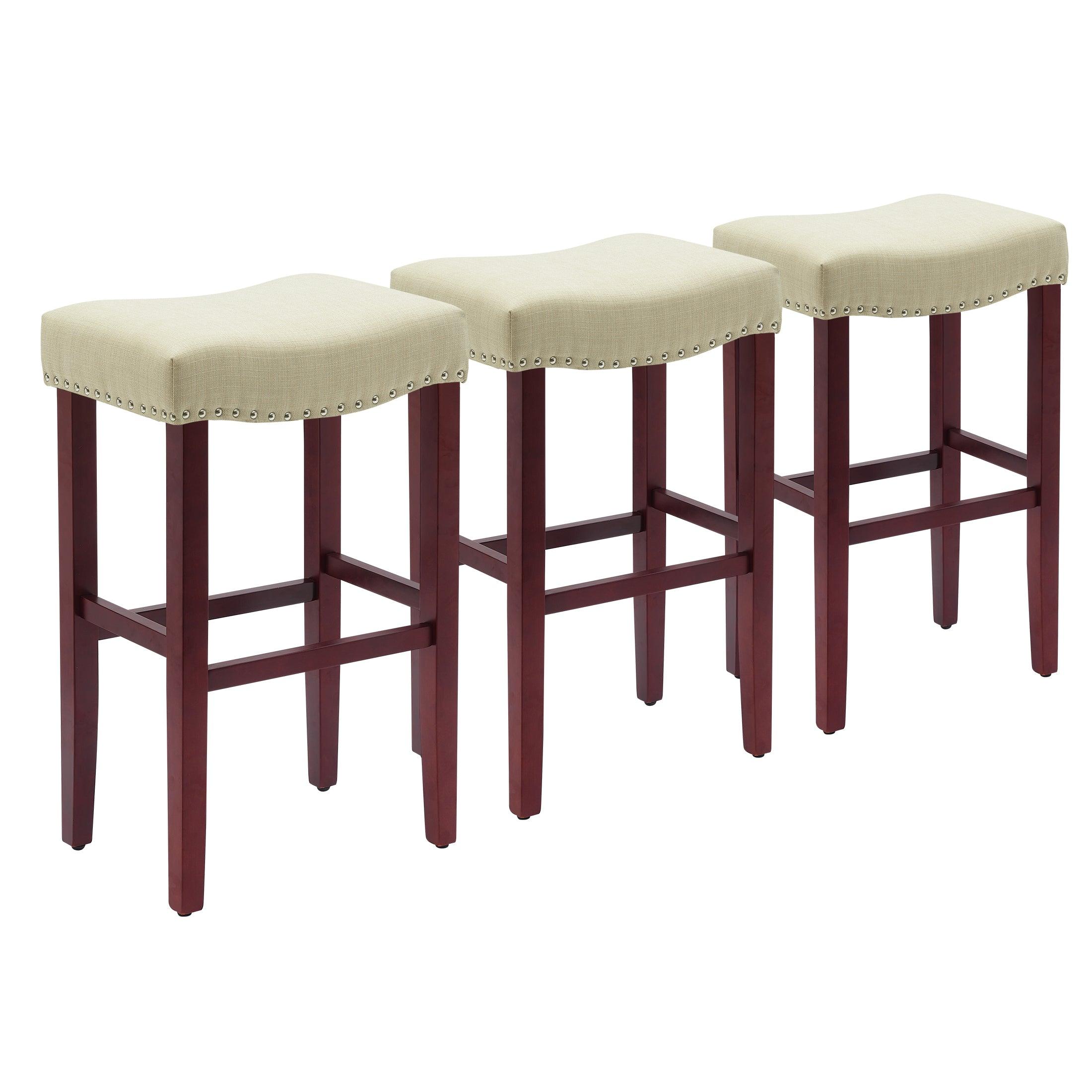 Bulmon 29" Upholstered Cherry Bar Stools With Nail Head Trim (Set of 3) - Costaelm