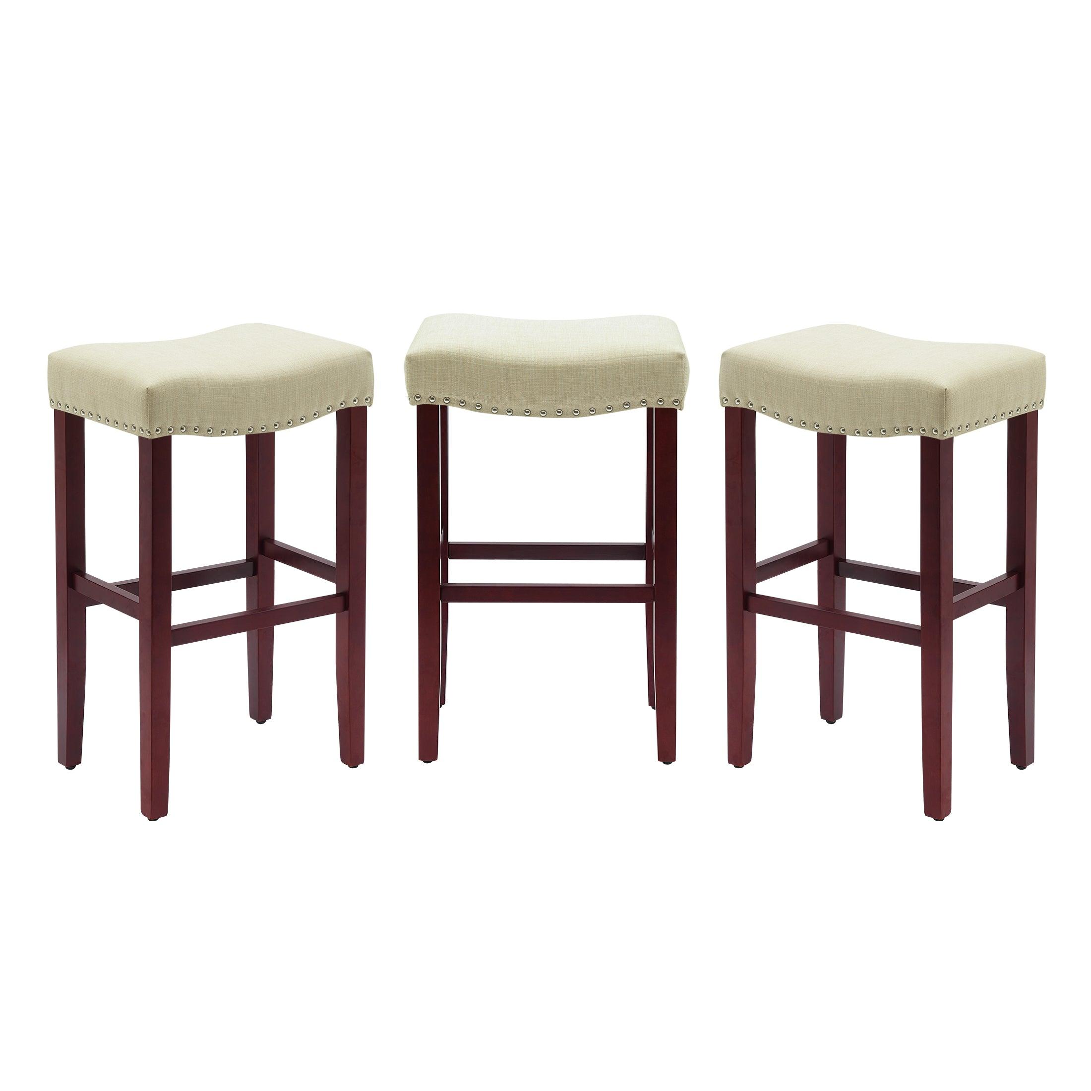 Bulmon 29" Upholstered Cherry Bar Stools With Nail Head Trim (Set of 3) - Costaelm