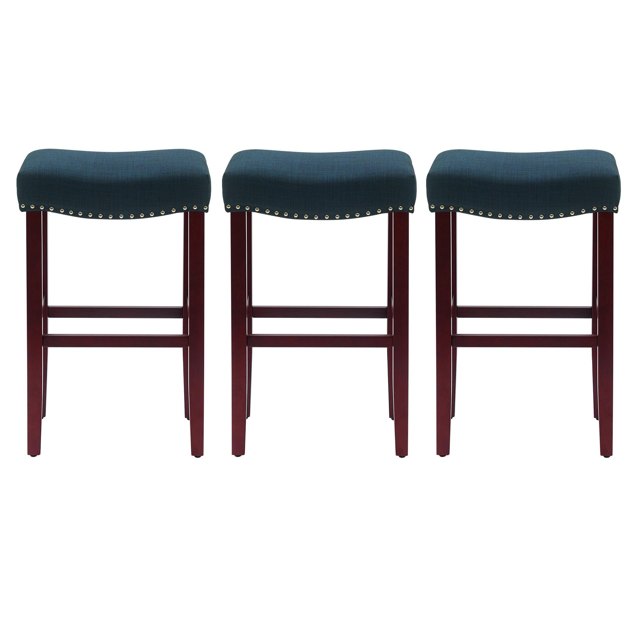 Bulmon 29" Upholstered Cherry Bar Stools With Nail Head Trim (Set of 3) - Costaelm