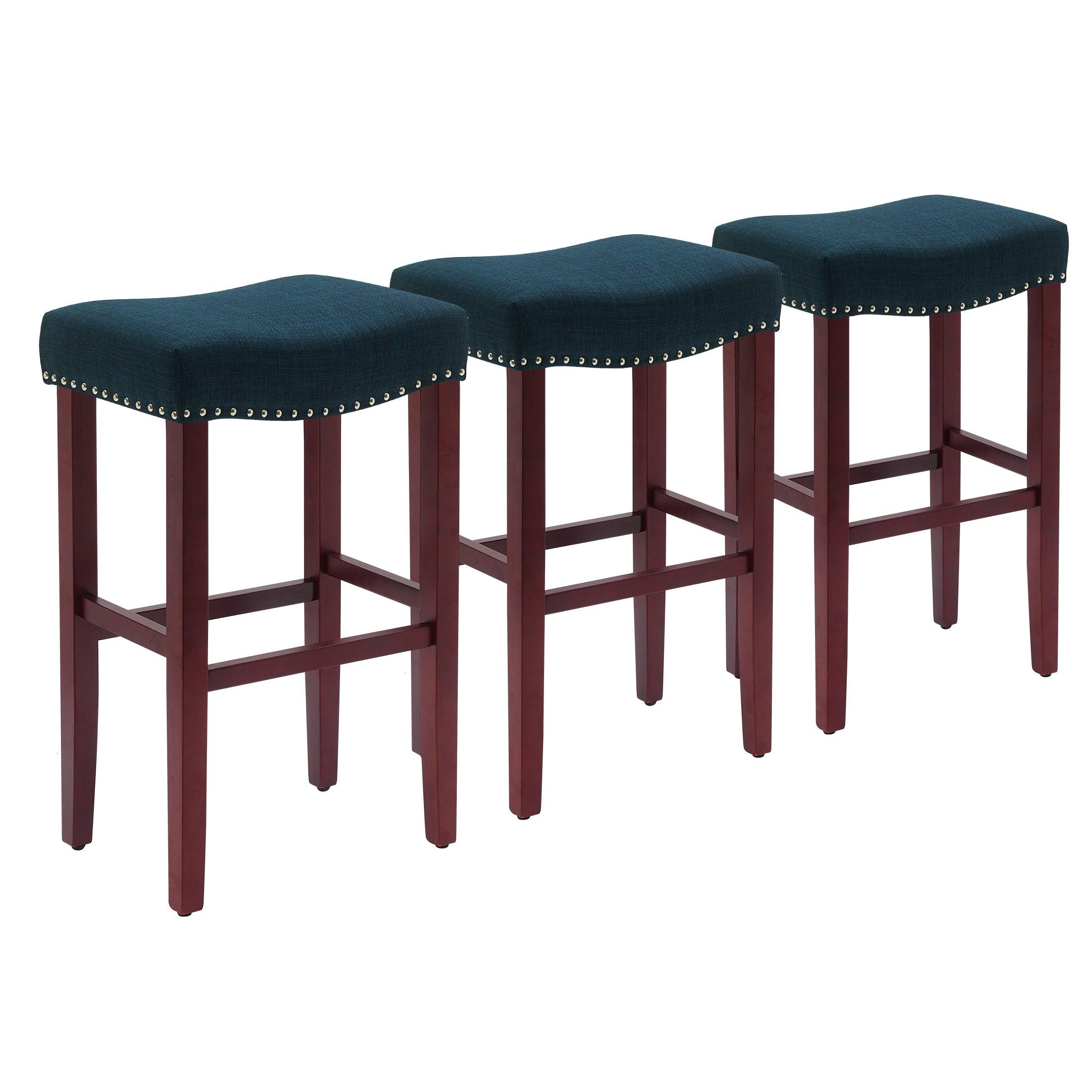 Bulmon 29" Upholstered Cherry Bar Stools With Nail Head Trim (Set of 3) - Costaelm