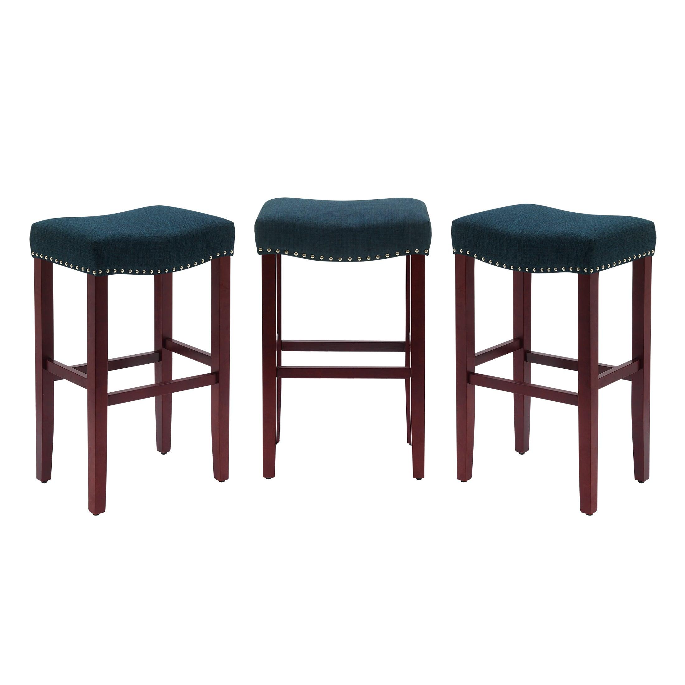 Bulmon 29" Upholstered Cherry Bar Stools With Nail Head Trim (Set of 3) - Costaelm