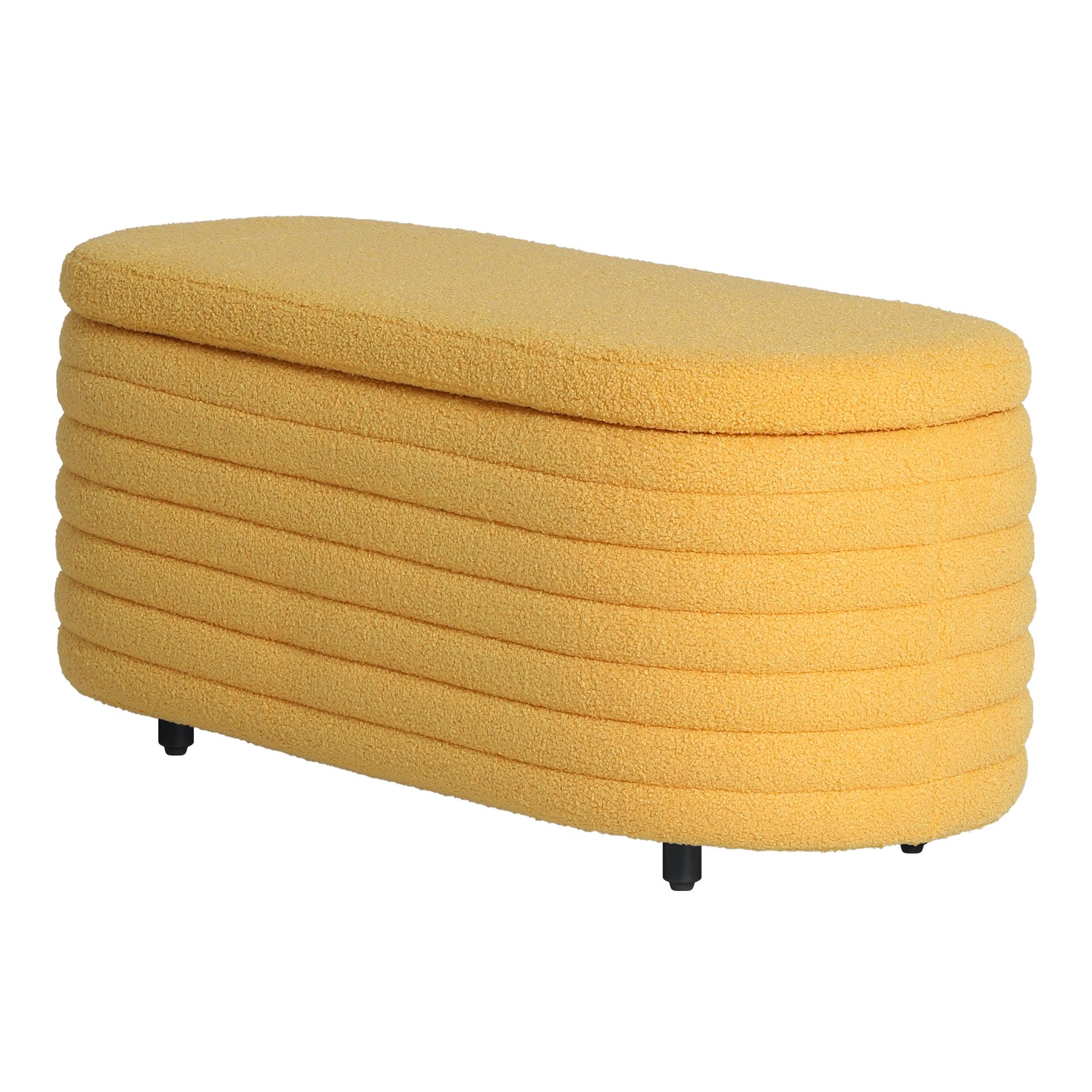 Celine 42.5" Wide Mid-Century Modern Upholstered Sherpa Oval Storage Ottoman Bench - Costaelm