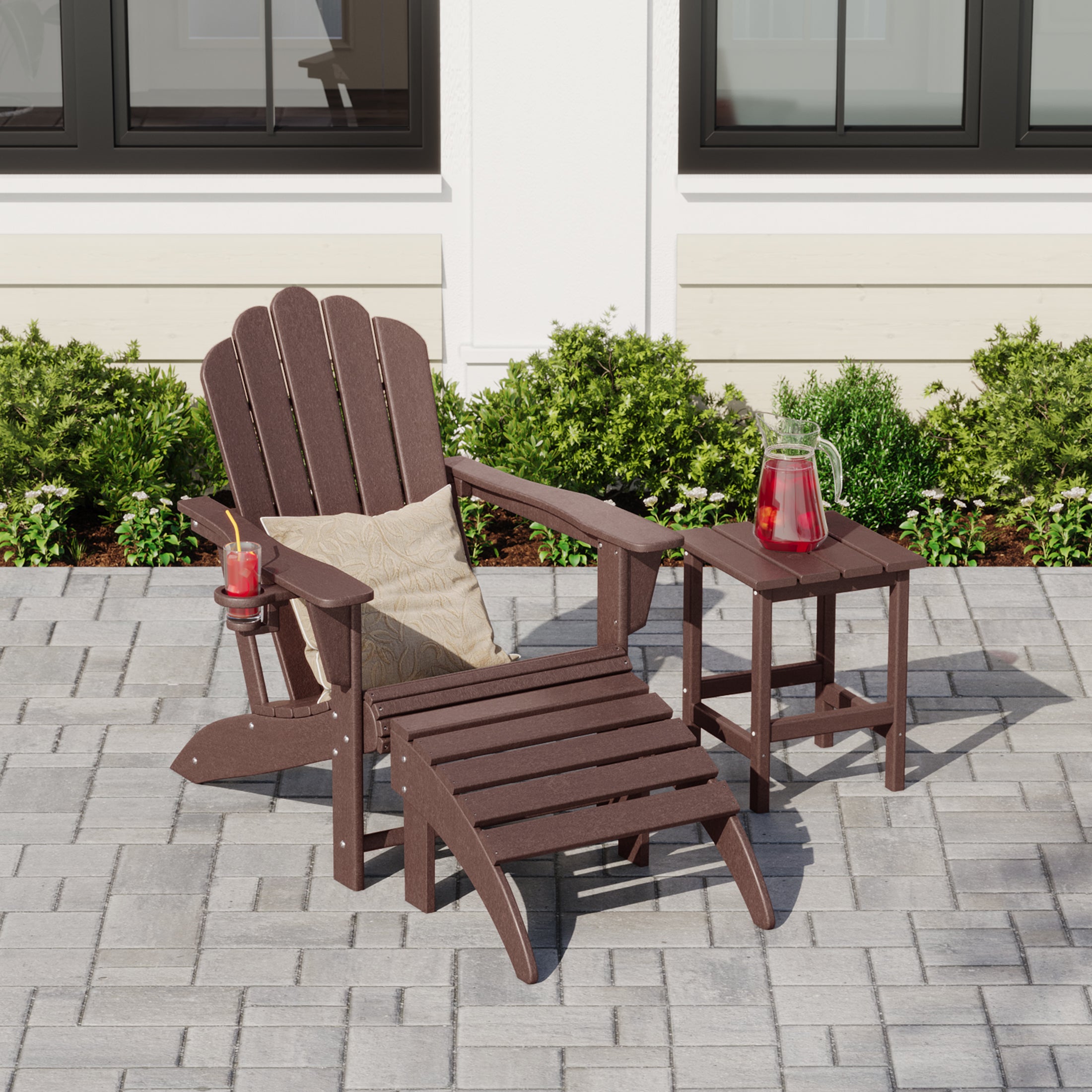 Lakeview 3-Piece Adirondack Chair with Cup Holder and Folding Ottoman and Table Set