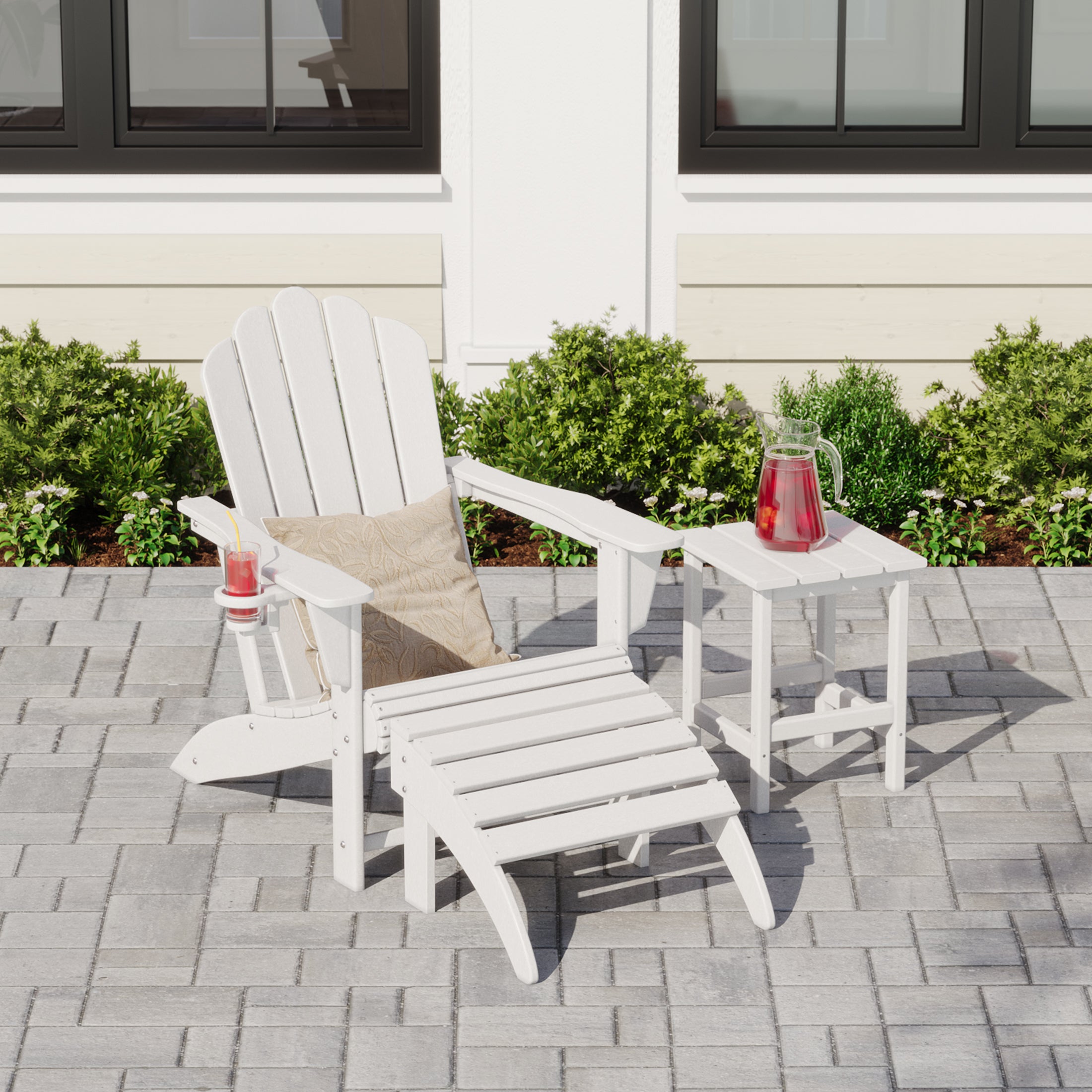 Lakeview 3-Piece Adirondack Chair with Cup Holder and Folding Ottoman and Table Set