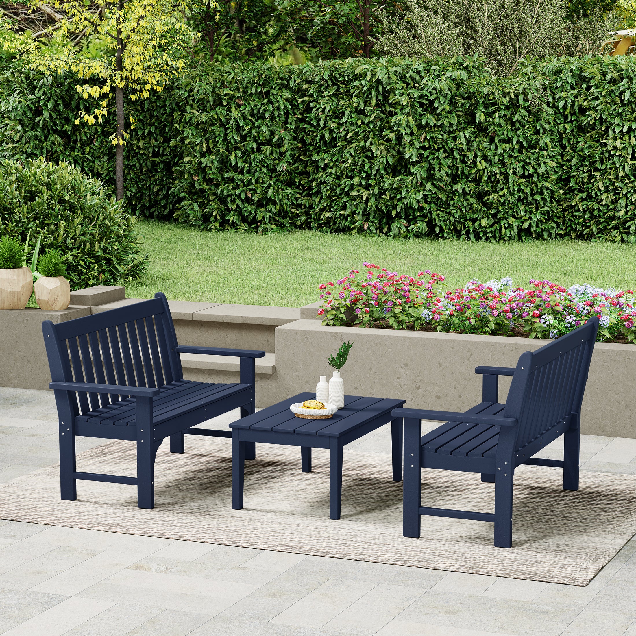 Paradise 3-Piece HDPE Outdoor Patio Furniture Bench and Coffee Table Set