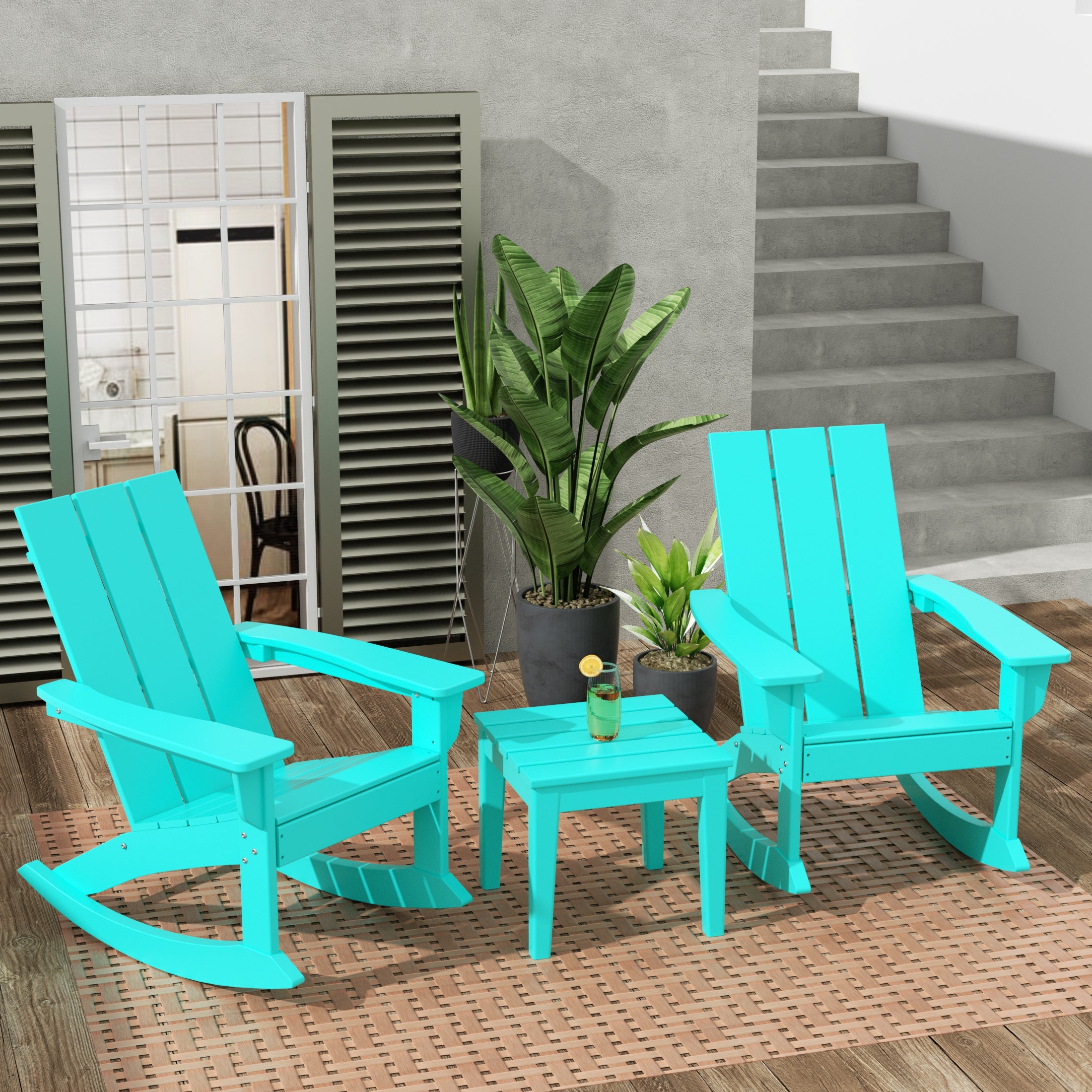 Palms Ashore Modern Rocking Poly Adirondack Chair With Side Table 3-Piece Set