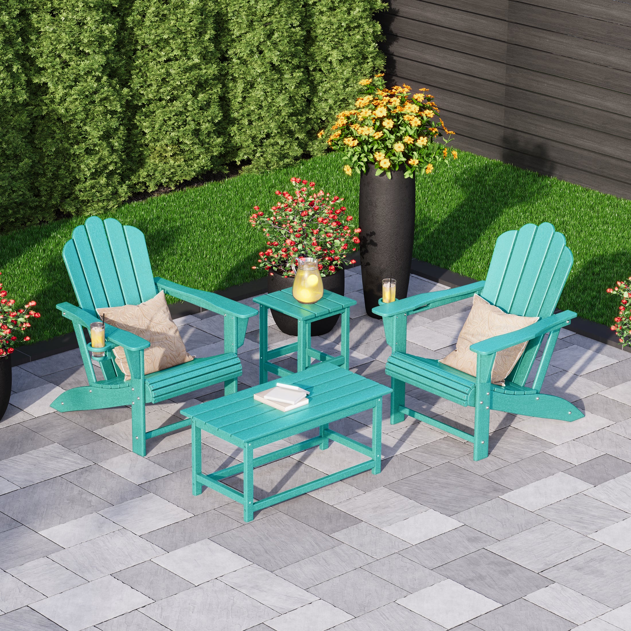 Lakeview 4-Piece Adirondack Chairs with Cup Holders and Table Set