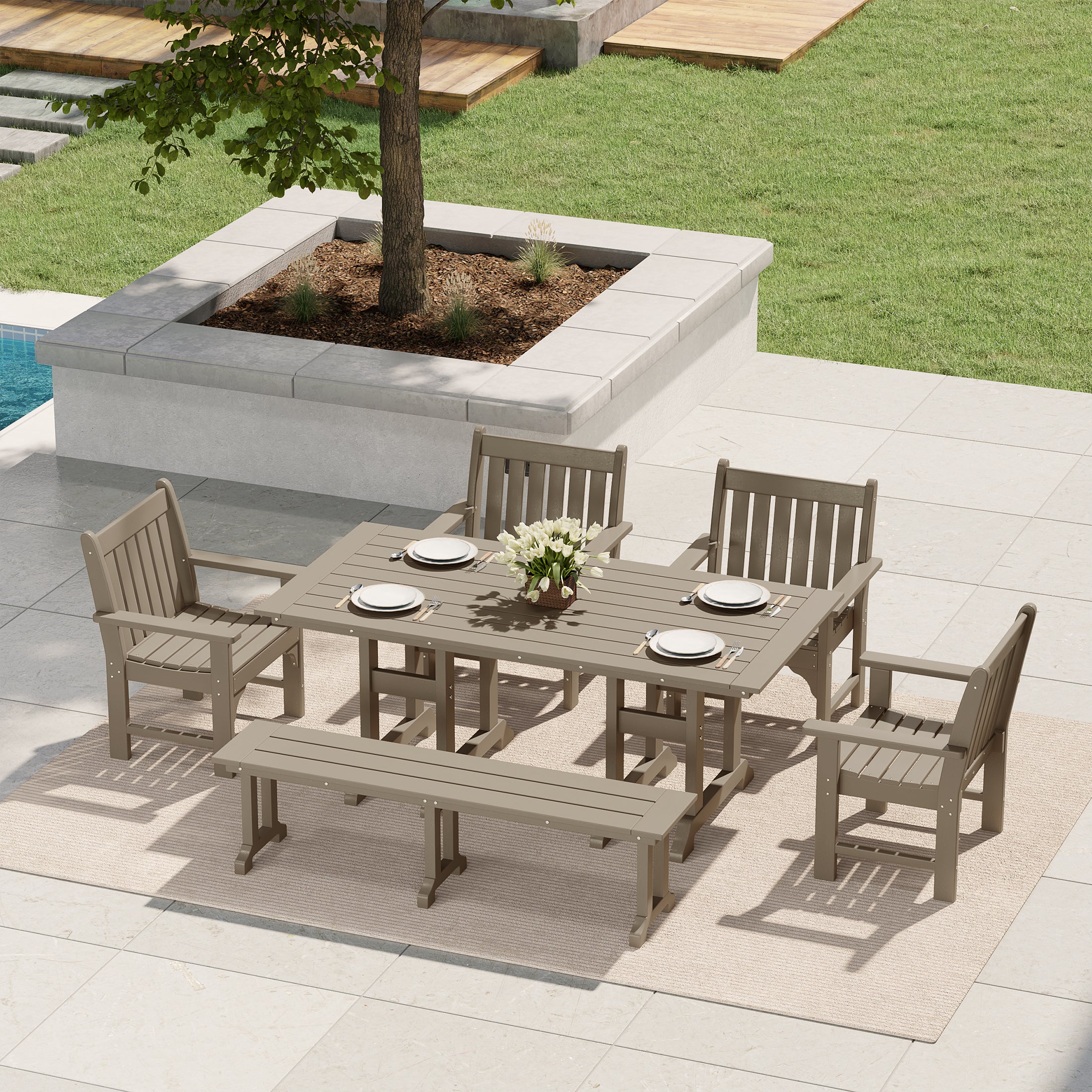 Paradise 6-Piece HDPE Outdoor Rectangular Dining Patio Table and Chairs Set