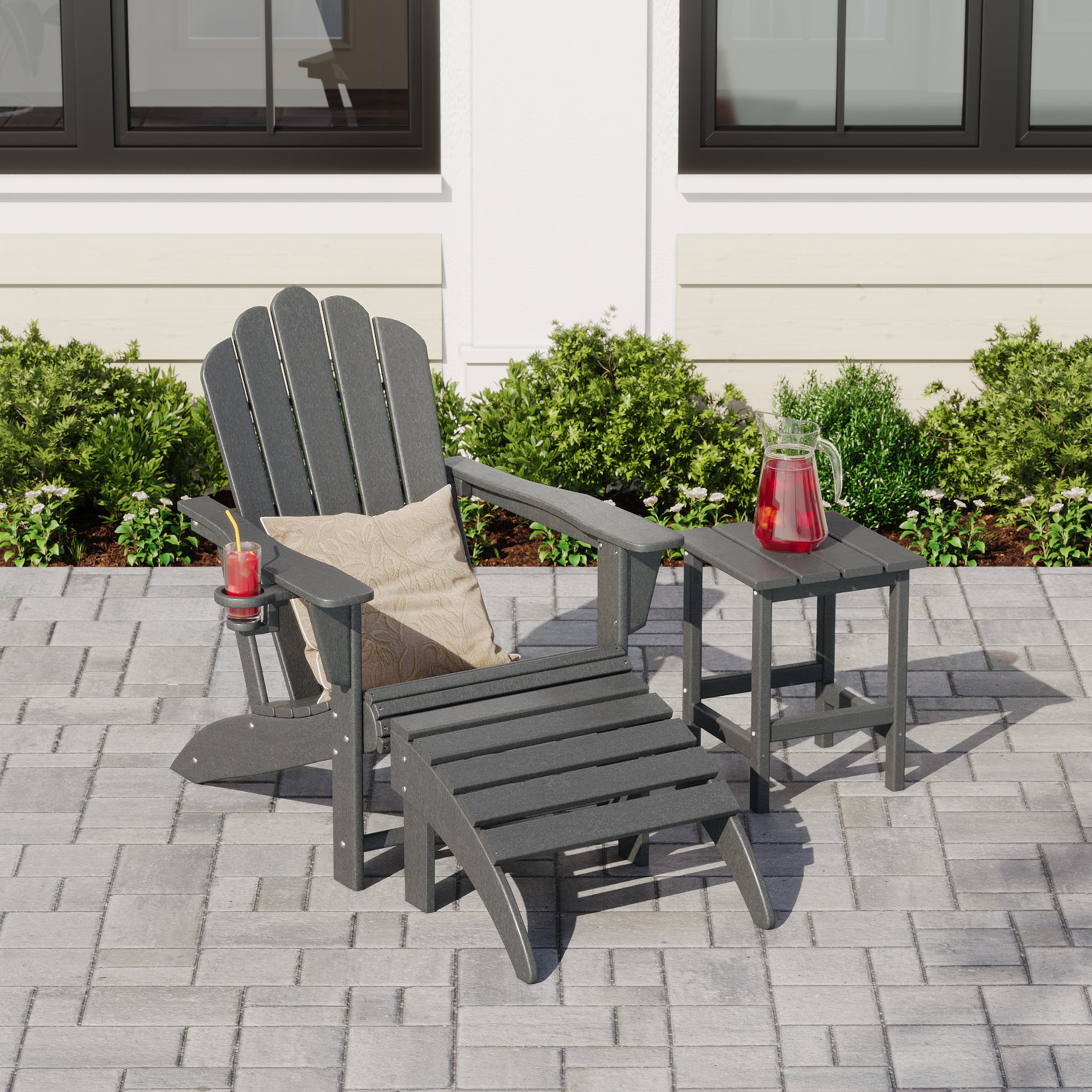 Lakeview 3-Piece Adirondack Chair with Cup Holder and Folding Ottoman and Table Set