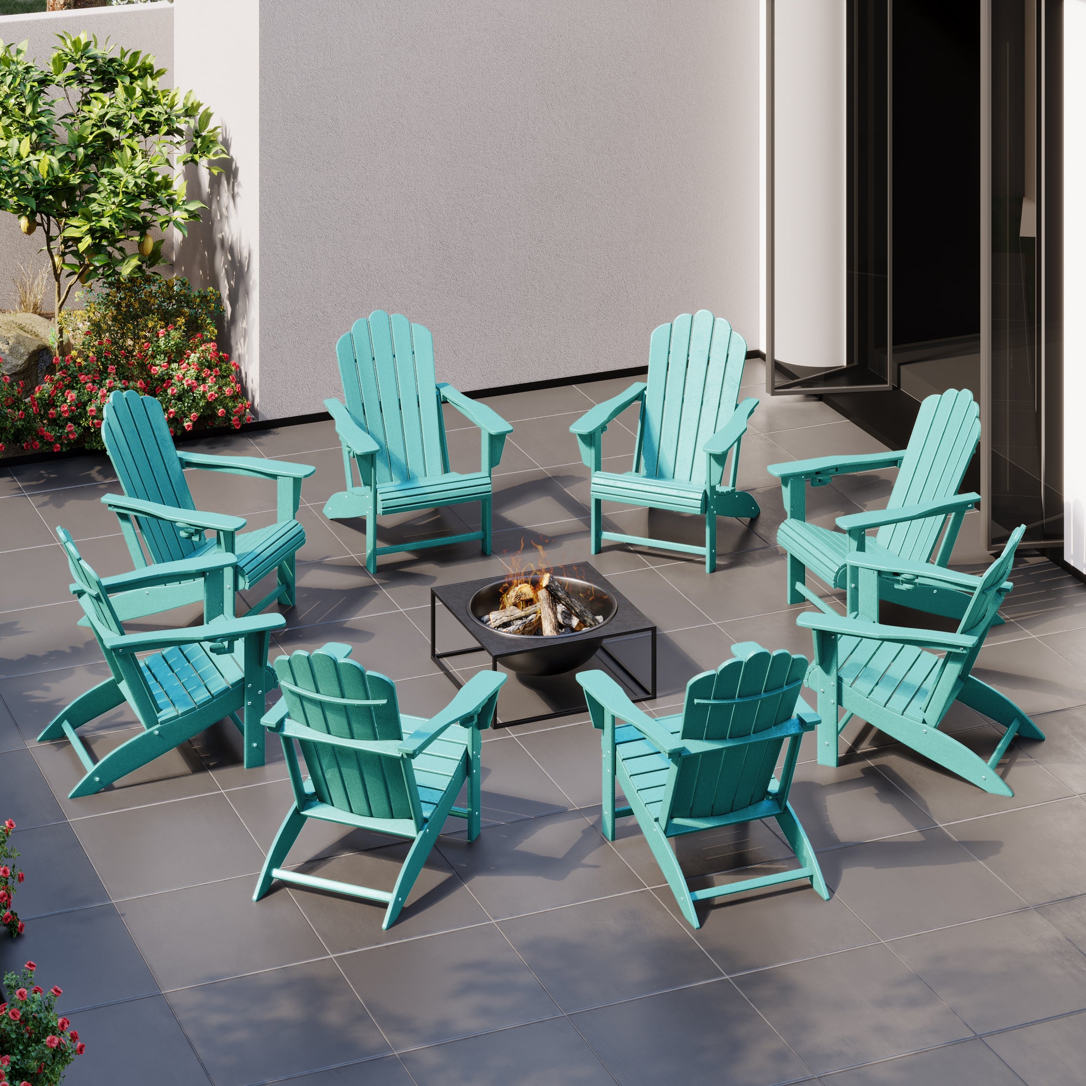 Lakeview Outdoor Patio HDPE Adirondack Chairs With Cup Holders (Set of 8)