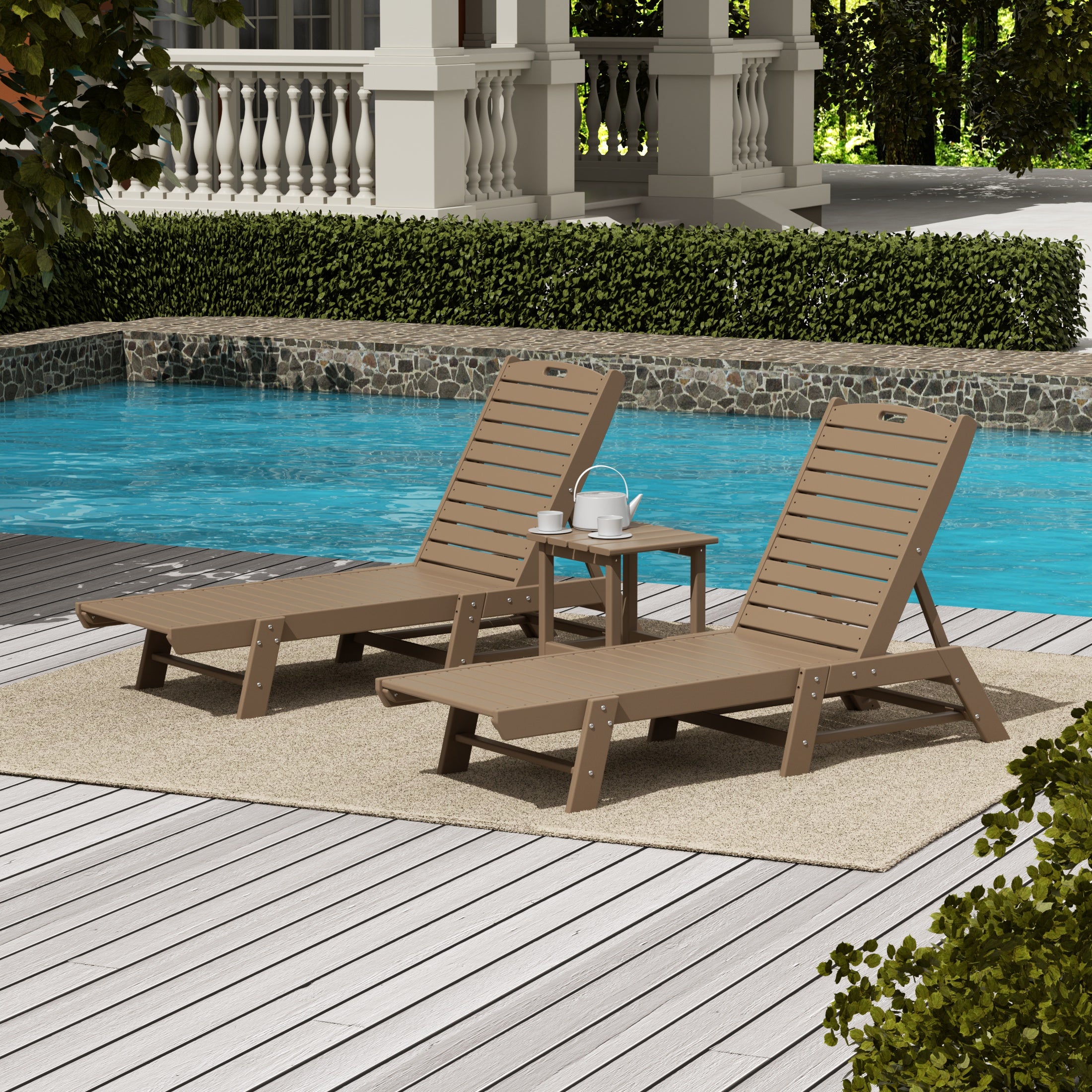 Paradise Malibu Poly Reclining Outdoor Patio Chaise Lounge Chair with Side Table Set