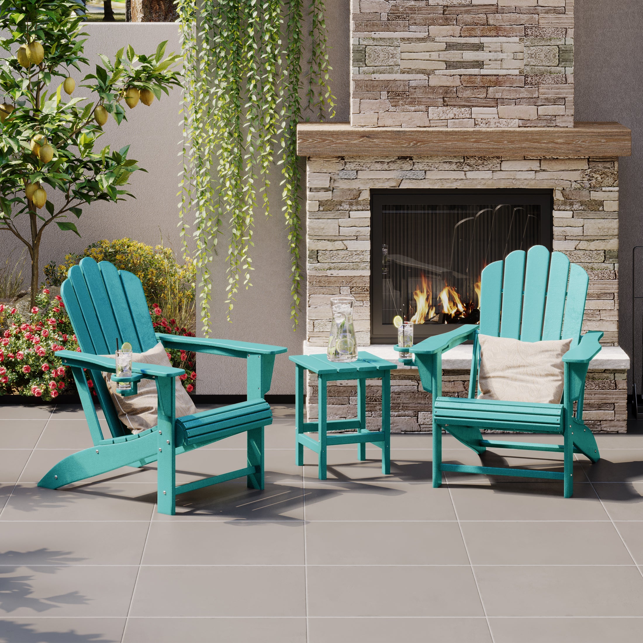 Lakeview 3-Piece Outdoor Patio HDPE Adirondack Chair With Cup Holder and Table Set