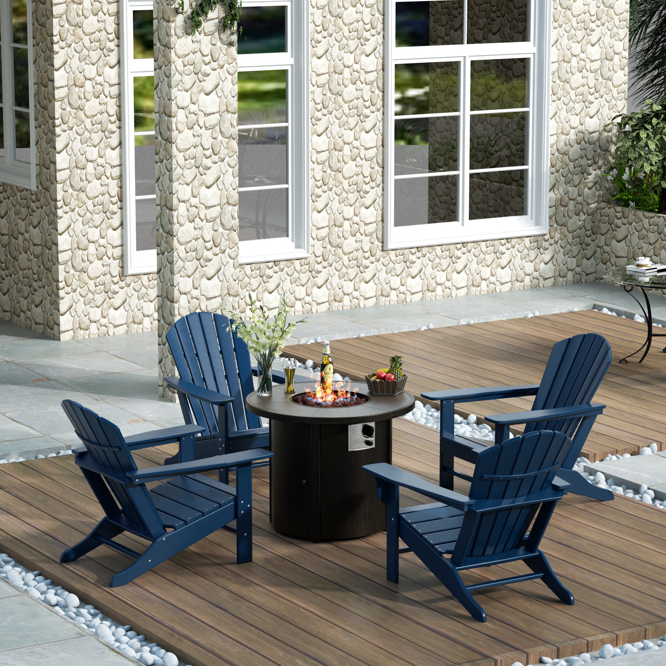 Portside Dylan Outdoor Patio Adirondack Chair with Round Fire Pit Table Sets