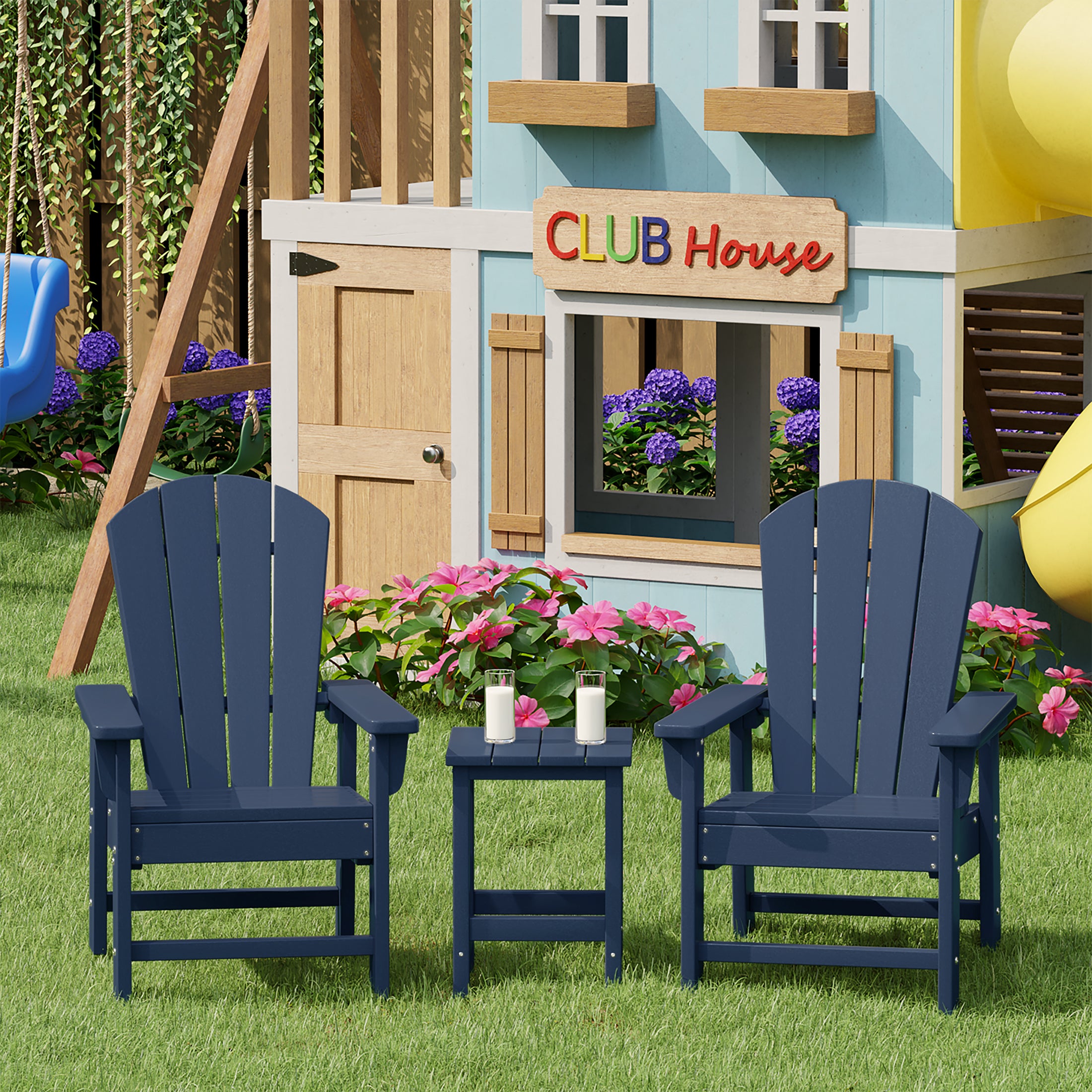 Paradise Kids 3-Piece Outdoor HDPE Adirondack Chairs With Square Side Table Set