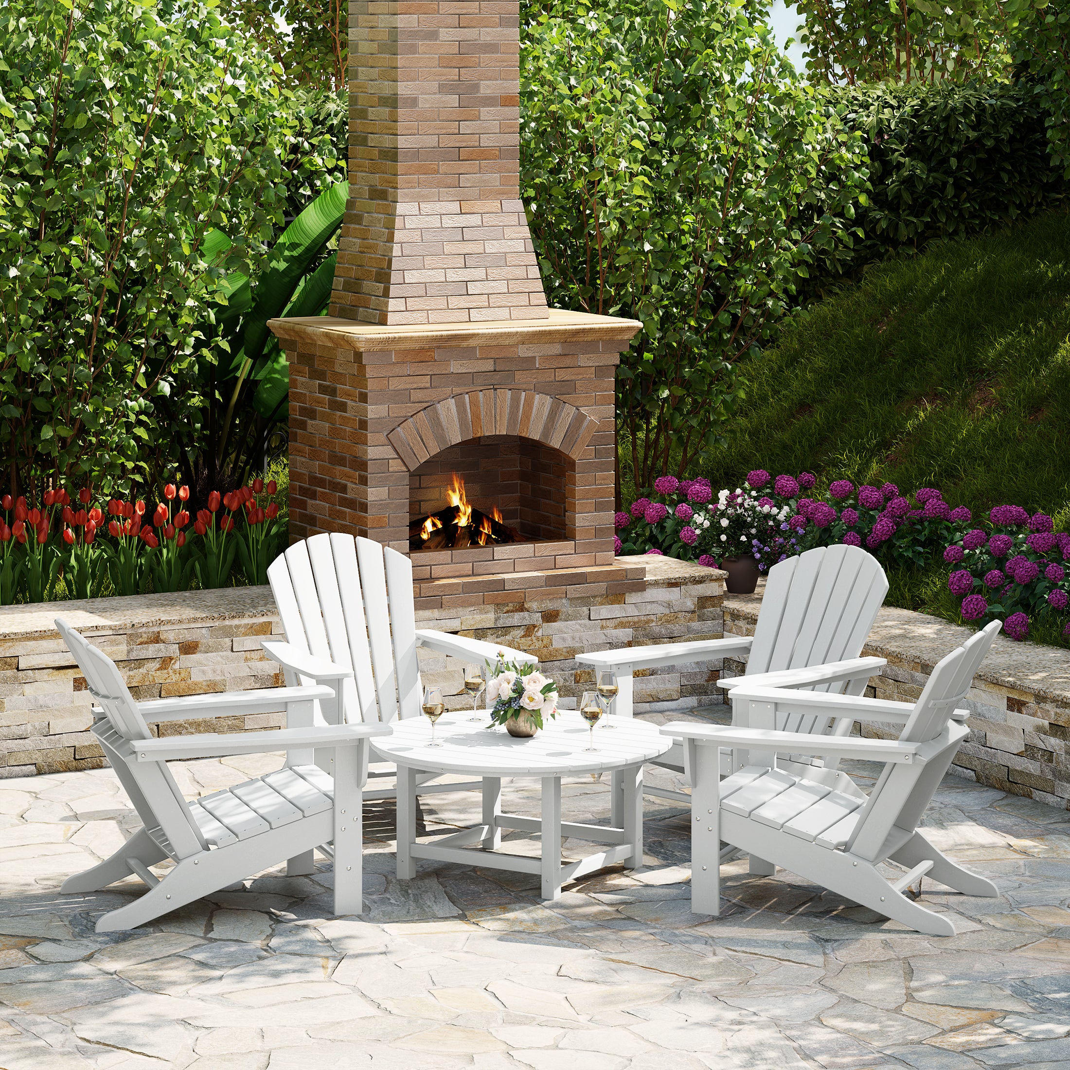 Portside 5-Piece Outdoor Patio HDPE Adirondack Chair With Round Coffee Table Conversation Set