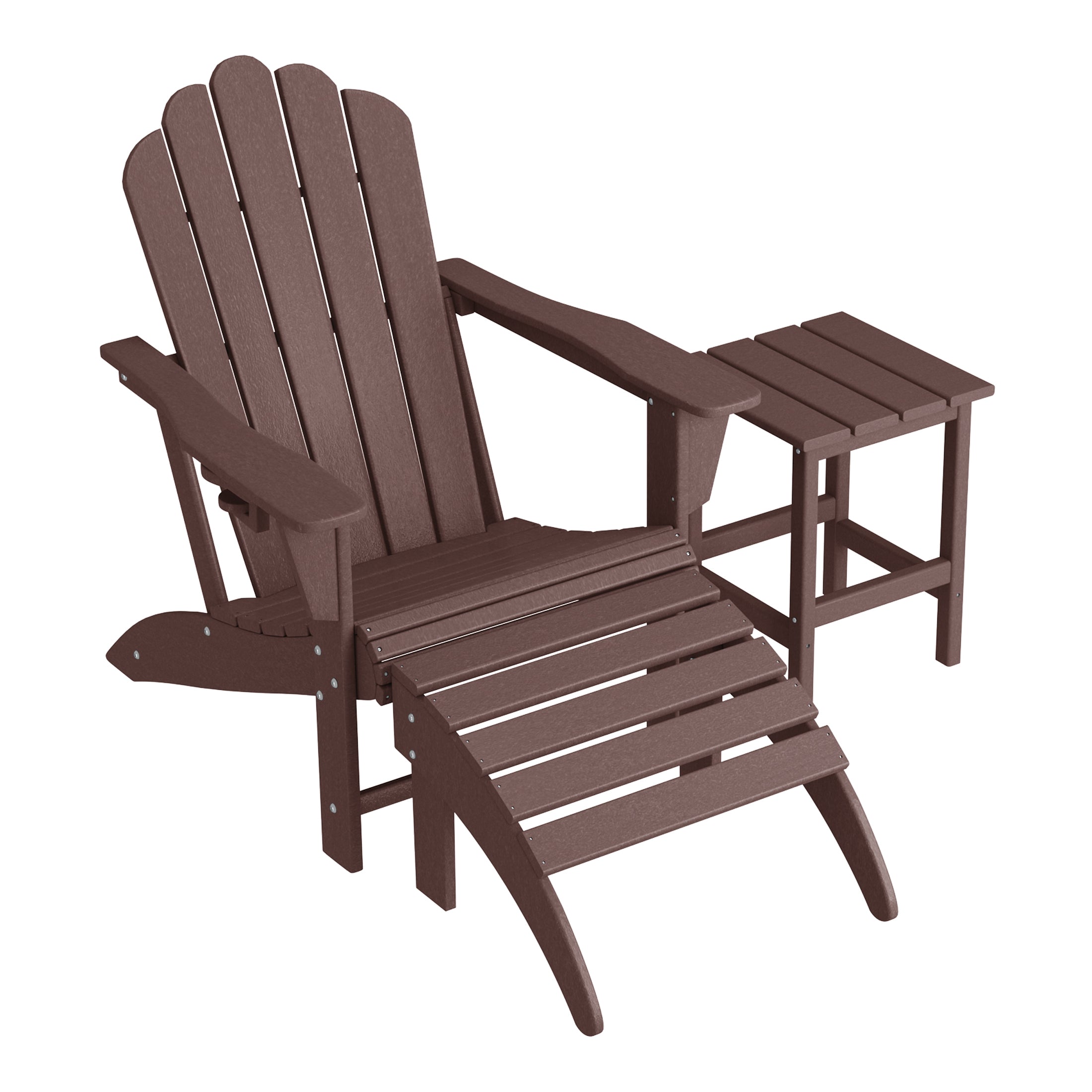 Lakeview 3-Piece Adirondack Chair with Cup Holder and Folding Ottoman and Table Set