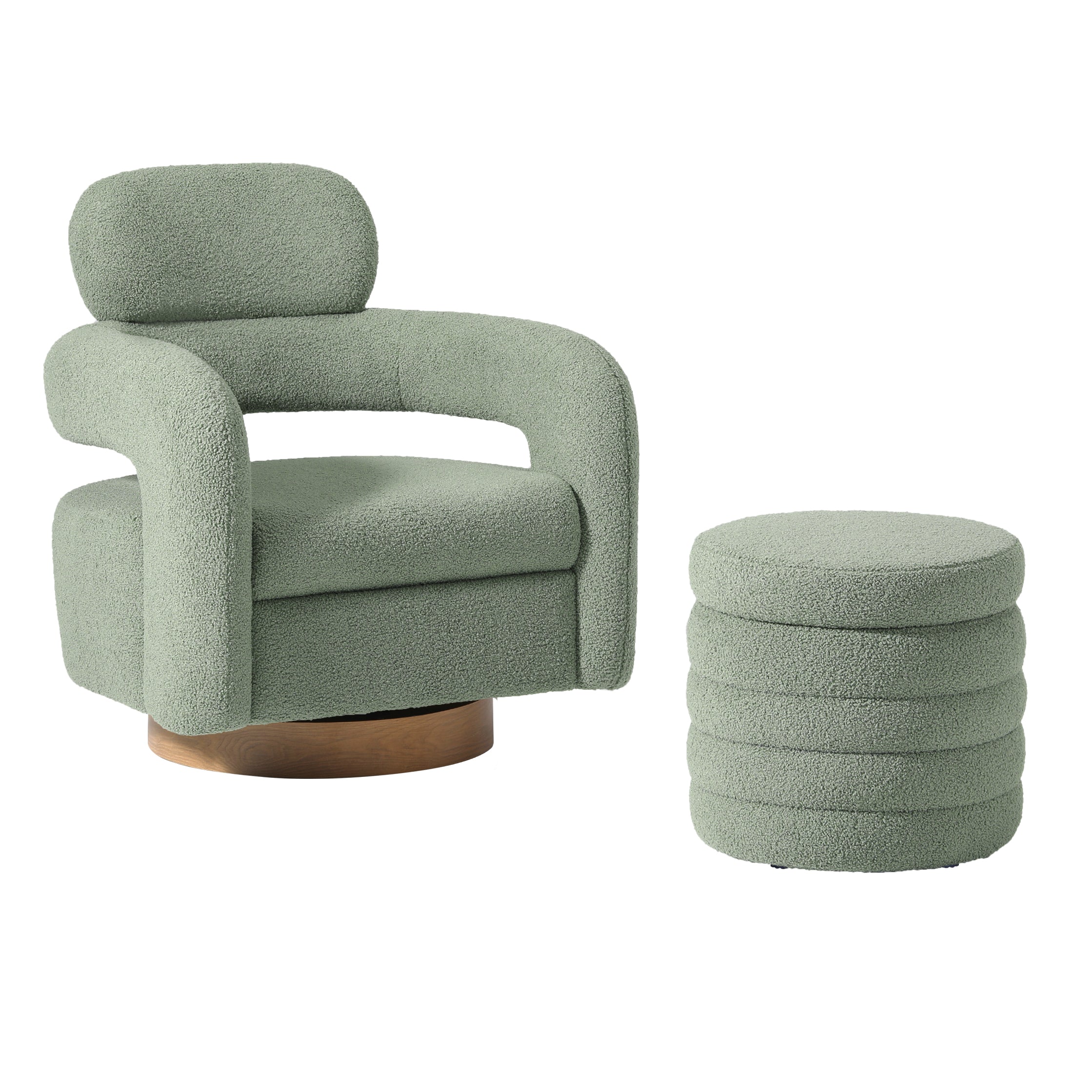 Celine Mid-Century Modern Sherpa Swivel Barrel Accent Chair With Round Storage Ottoman