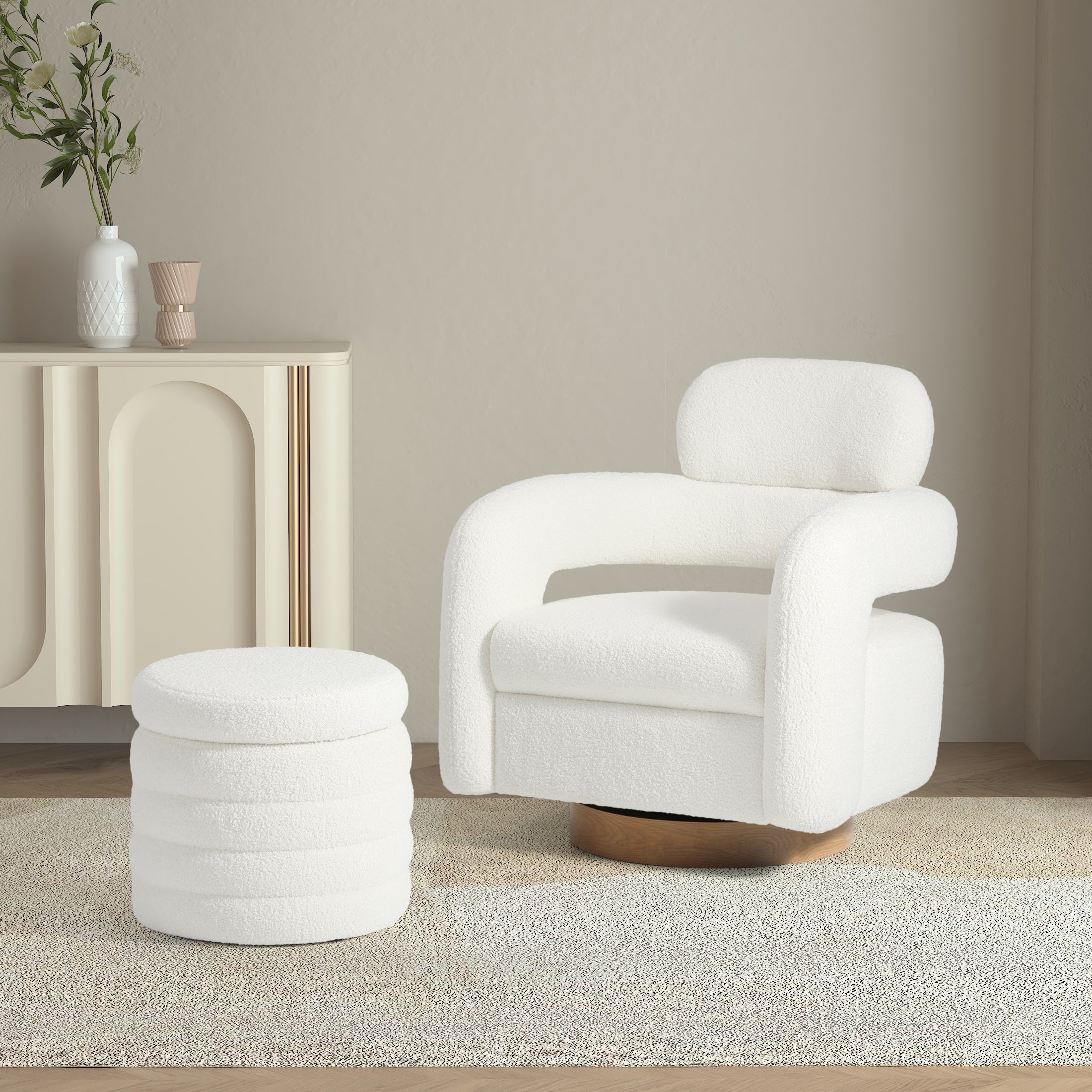 Celine Mid-Century Modern Sherpa Swivel Barrel Accent Chair With Round Storage Ottoman