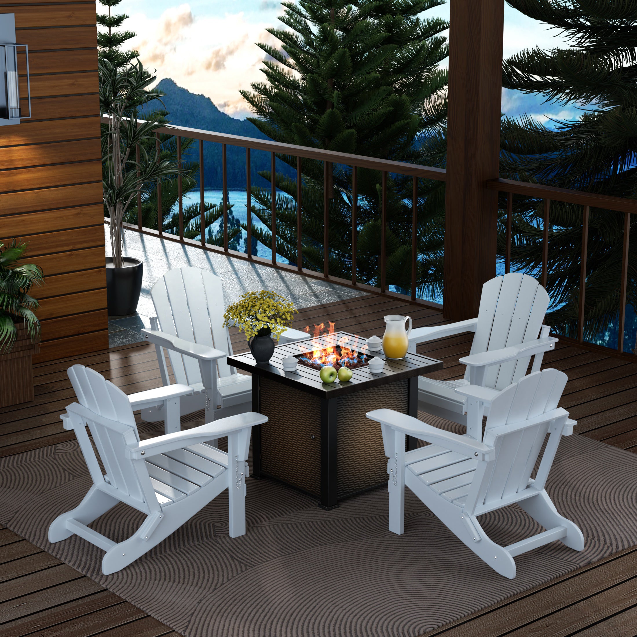 Paradise Malibu Modern Folding Poly Adirondack Chair With Square Fire Pit Table