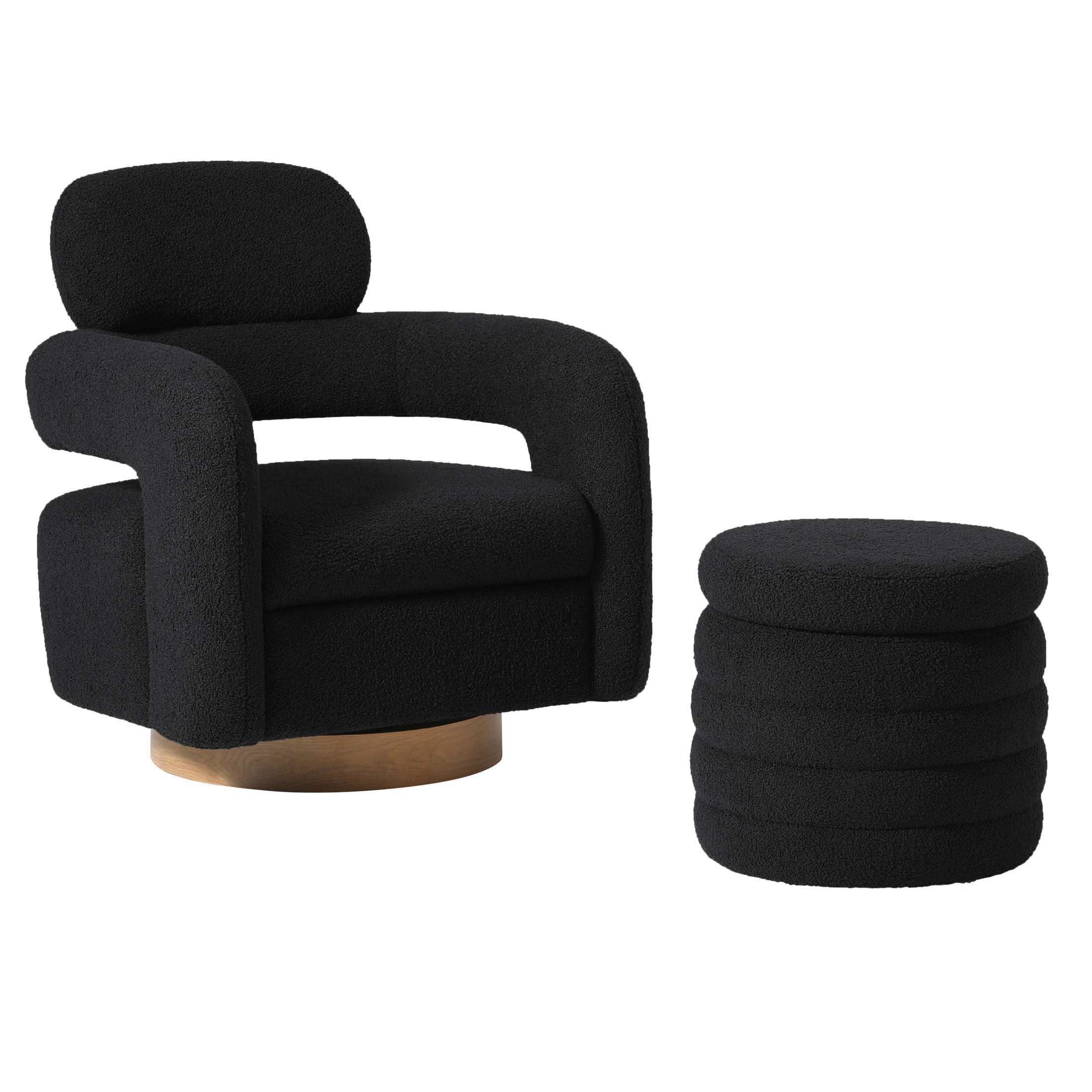 Celine Mid-Century Modern Sherpa Swivel Barrel Accent Chair With Round Storage Ottoman