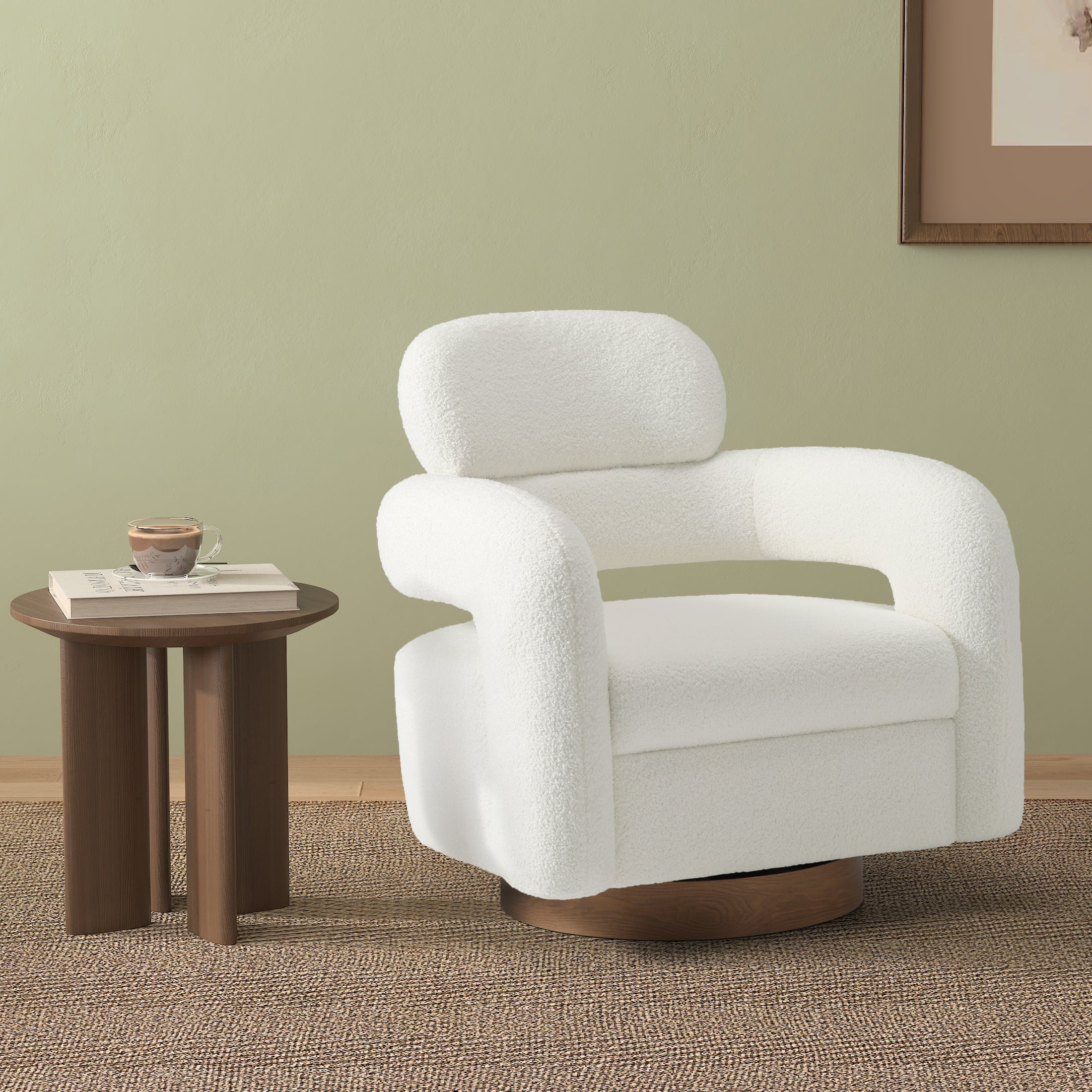 Celine Mid-Century Modern Round Sherpa Swivel Barrel Accent Chair