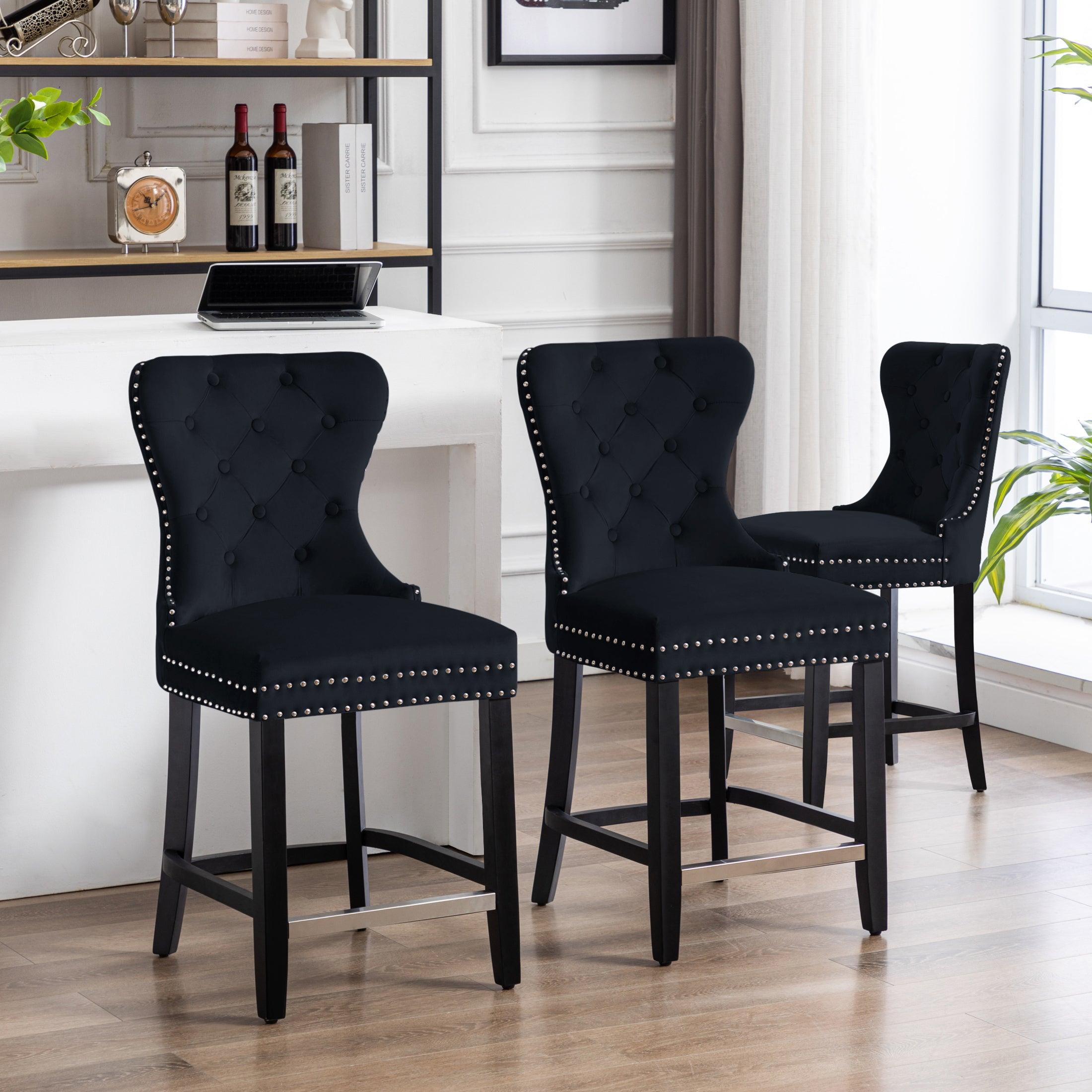 Hank 24" Tufted Velvet Counter Stool Black (Set of 3) - Costaelm