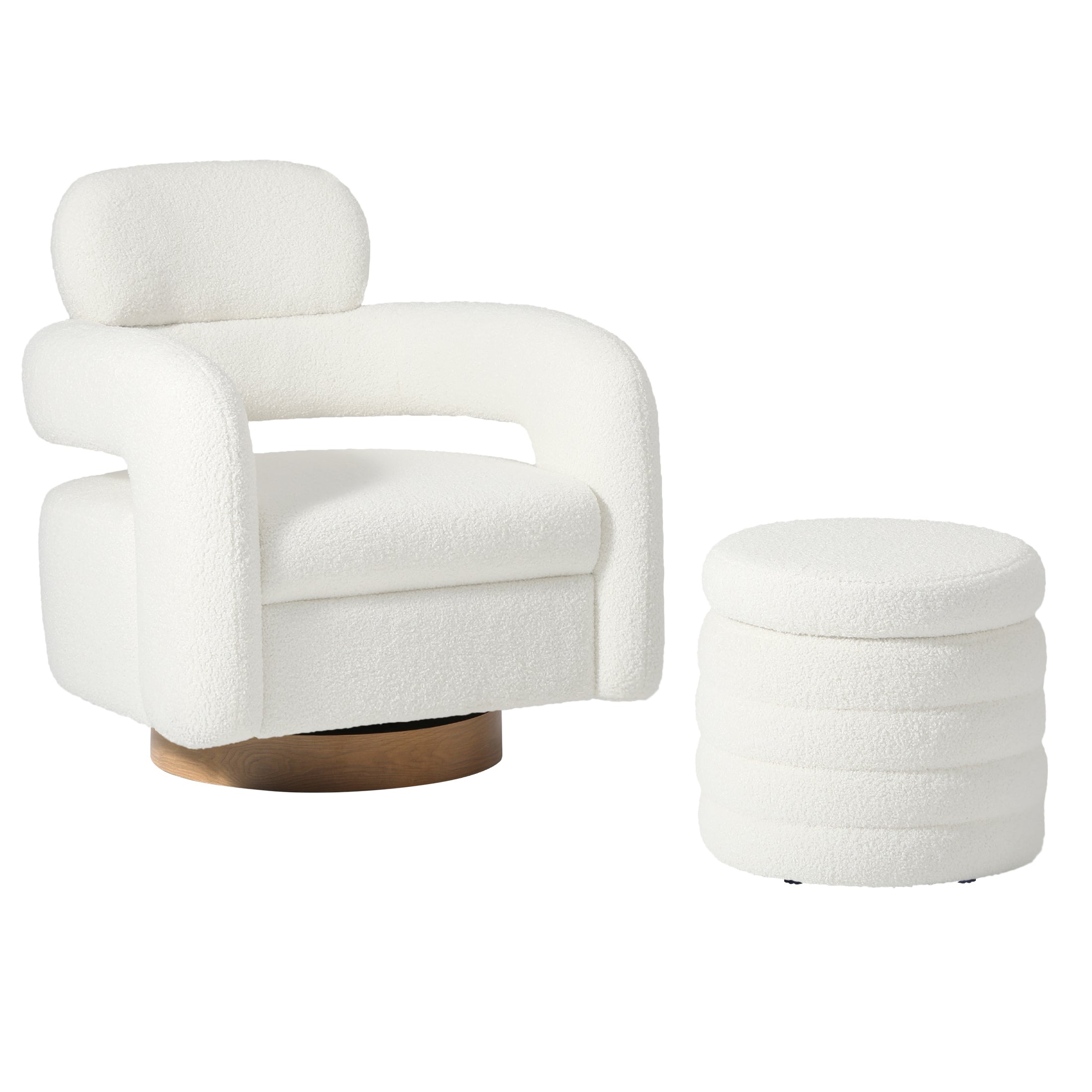 Celine Mid-Century Modern Sherpa Swivel Barrel Accent Chair With Round Storage Ottoman