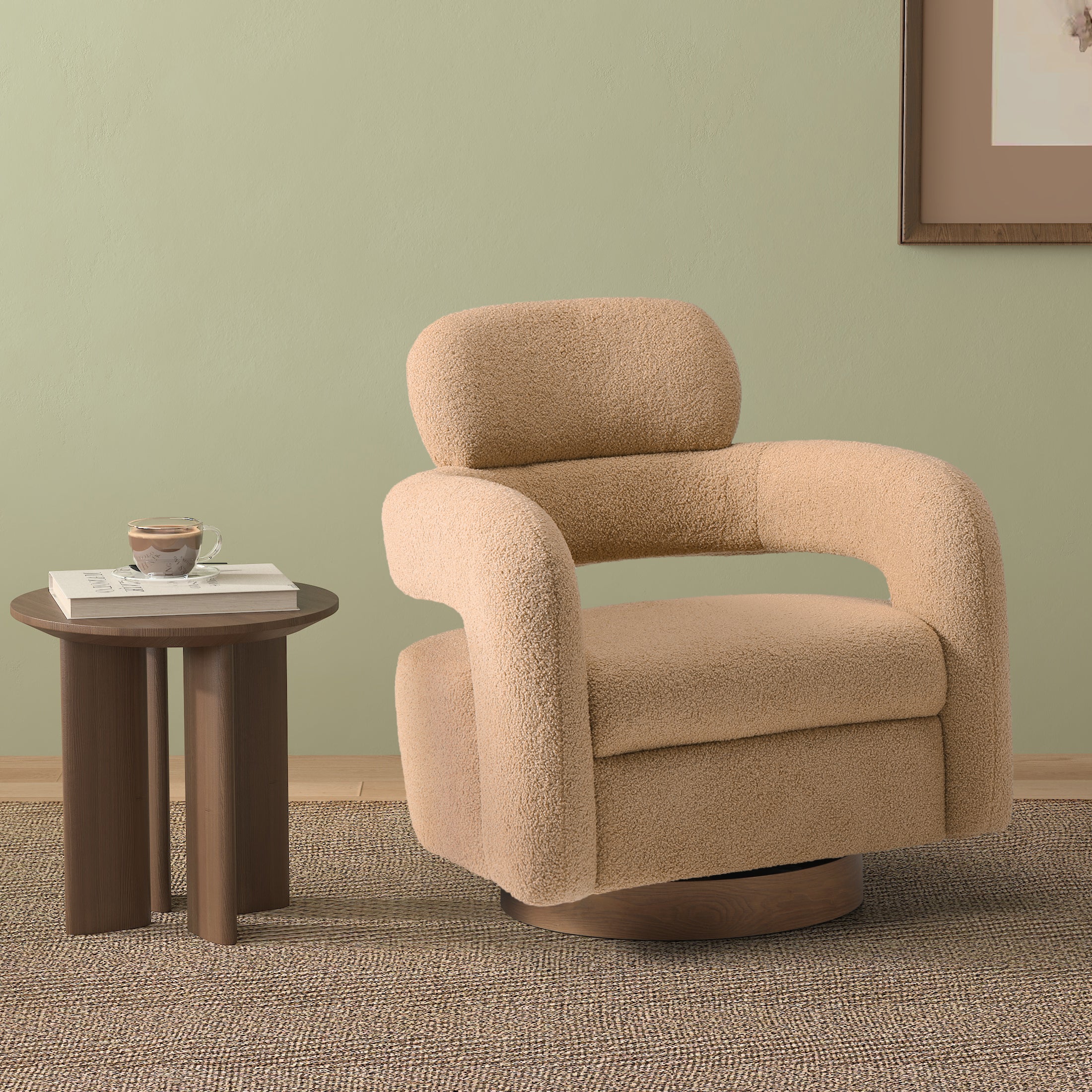 Celine Mid-Century Modern Round Sherpa Swivel Barrel Accent Chair