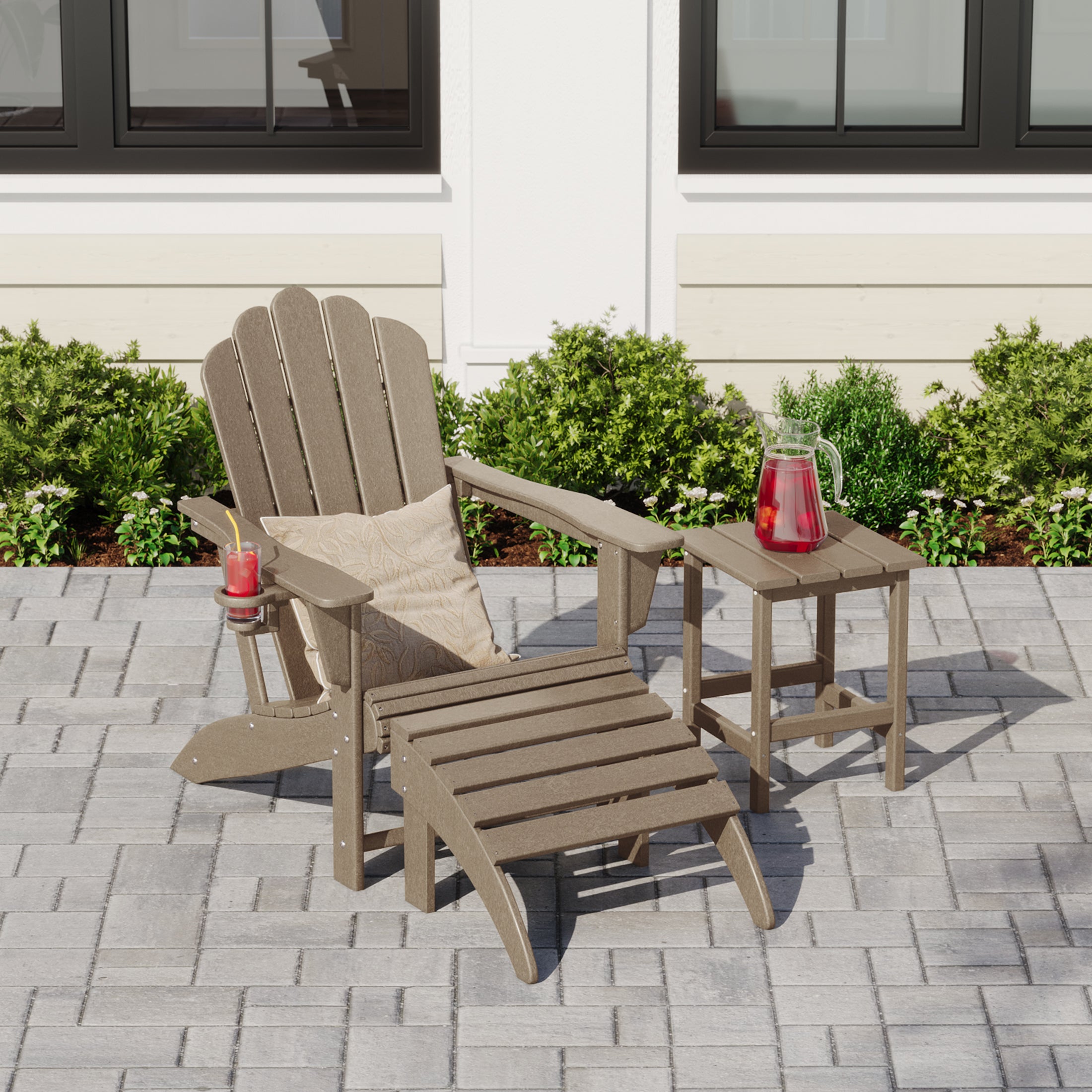 Lakeview 3-Piece Adirondack Chair with Cup Holder and Folding Ottoman and Table Set