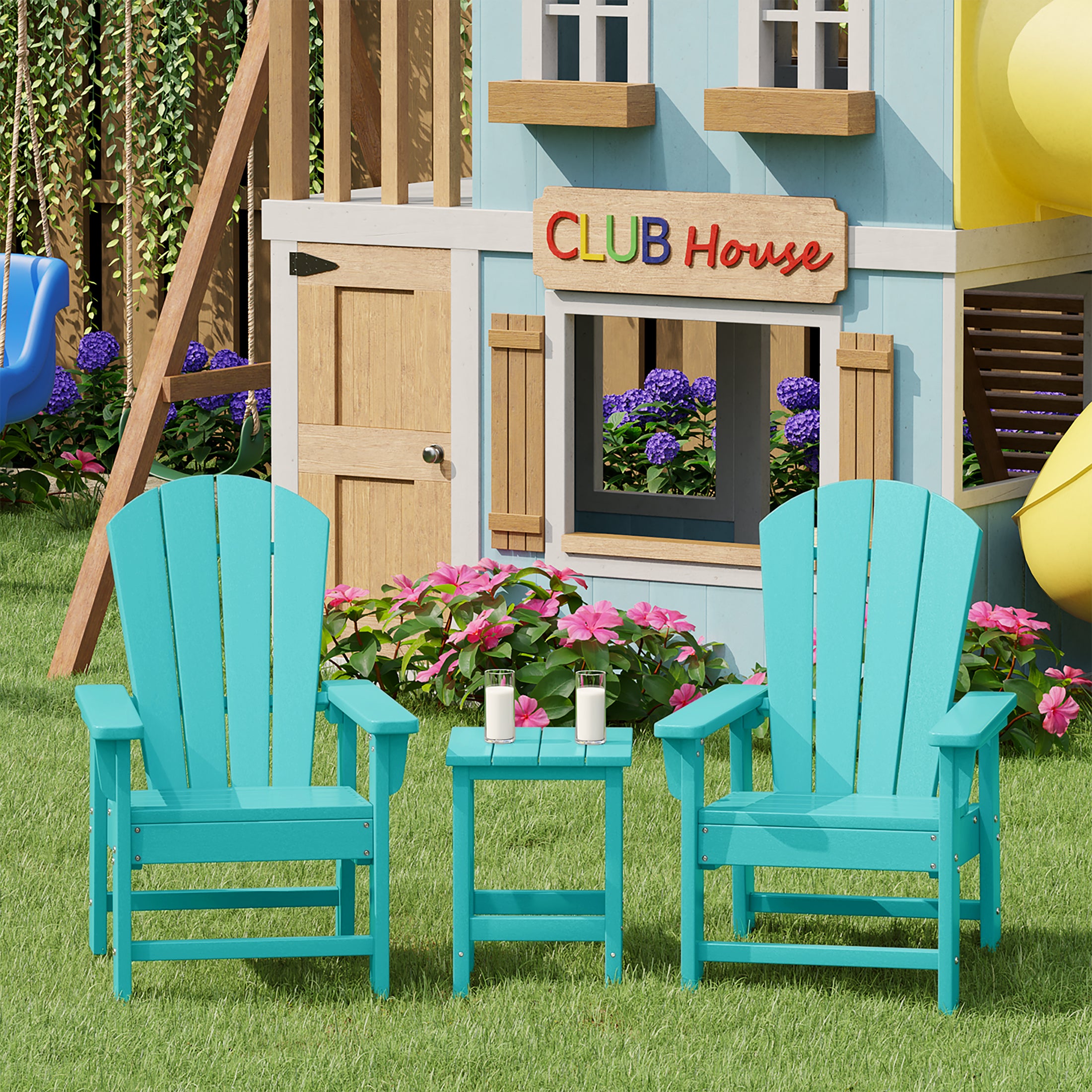 Paradise Kids 3-Piece Outdoor HDPE Adirondack Chairs With Square Side Table Set