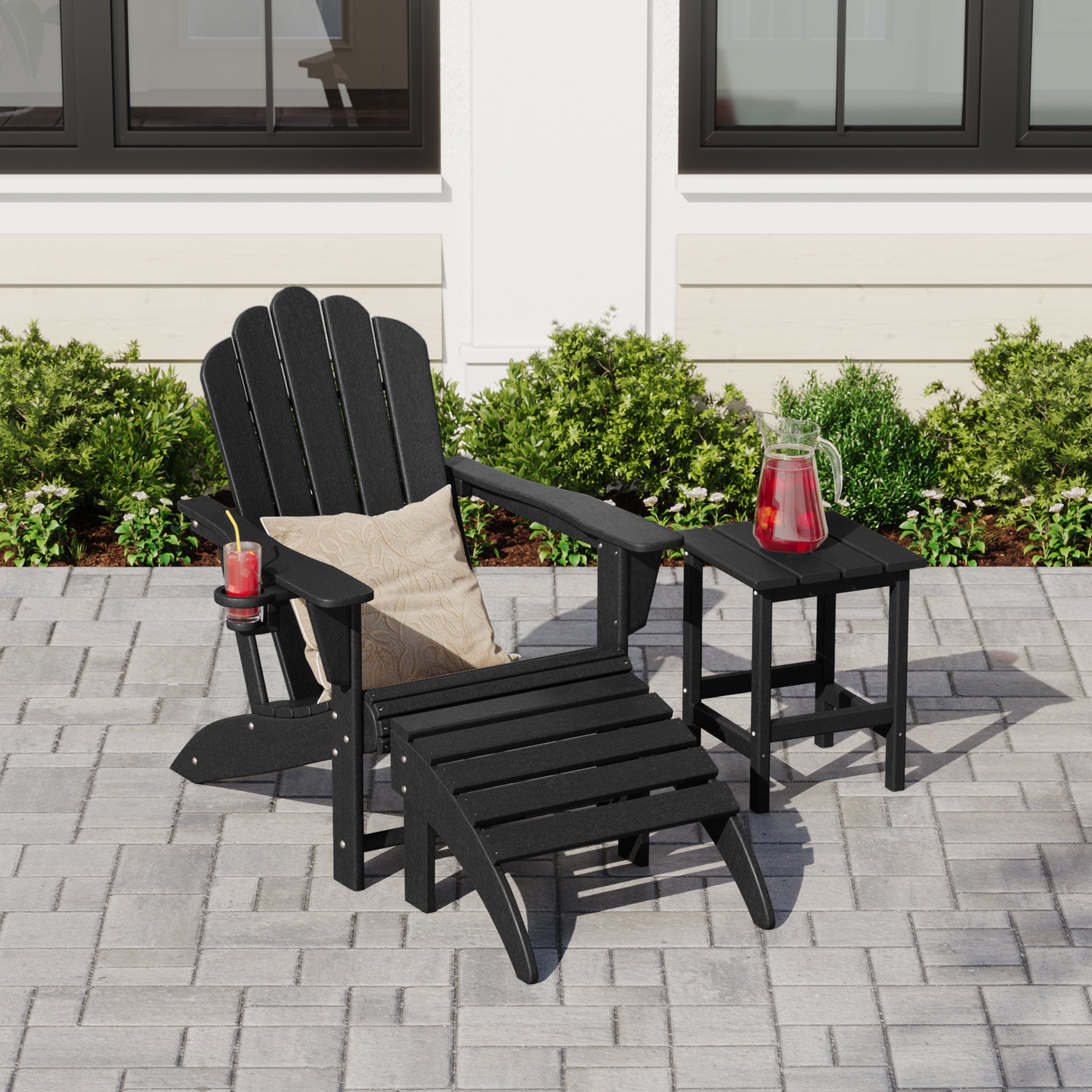 Lakeview 3-Piece Adirondack Chair with Cup Holder and Folding Ottoman and Table Set